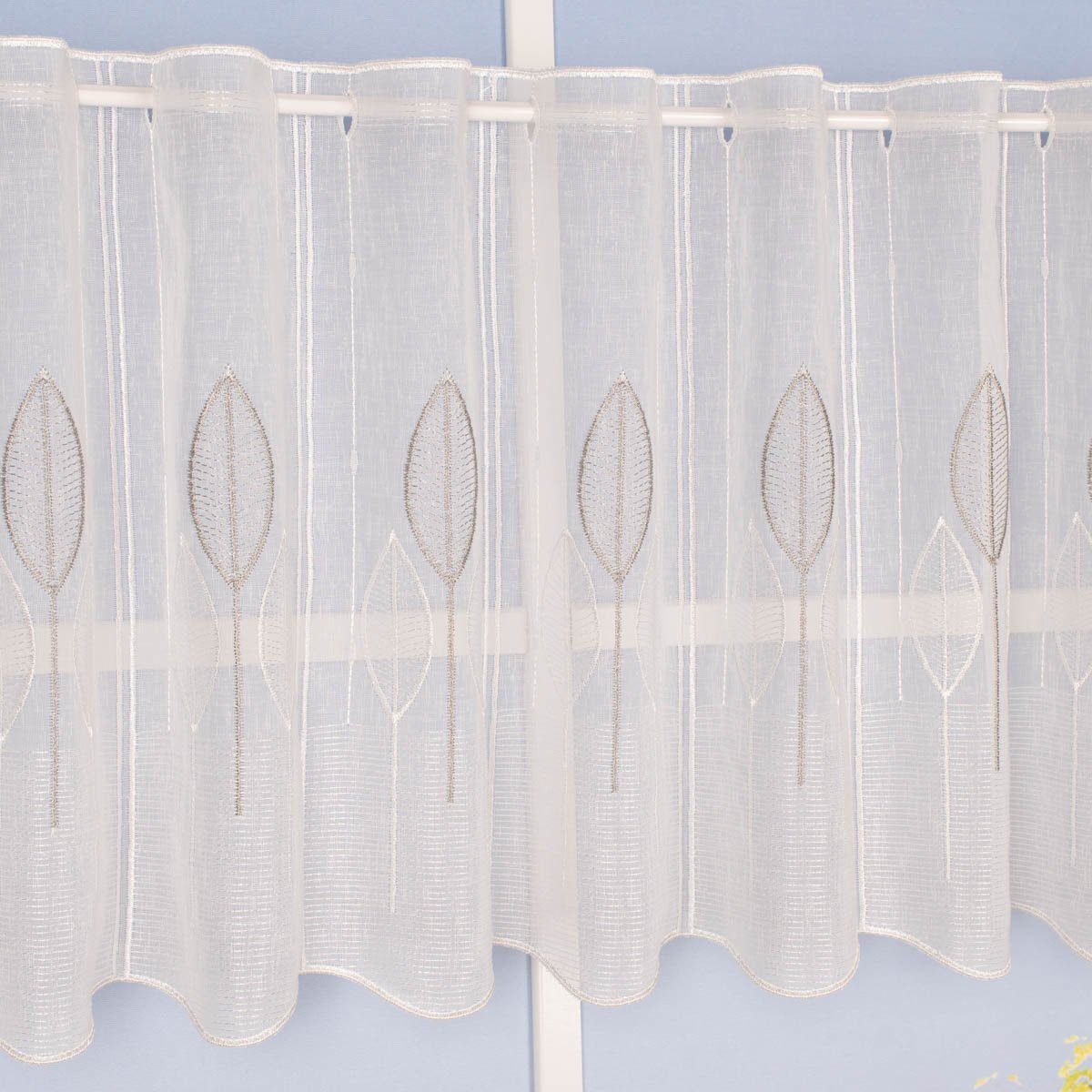 SCHÖNER LEBEN. Meterware Scheibengardine nähfrei Leinenstruktur Stickerei Blätter wollweiß 45, leicht perforiert, Stickerei/Stickstoff, bestickt, pflegeleicht