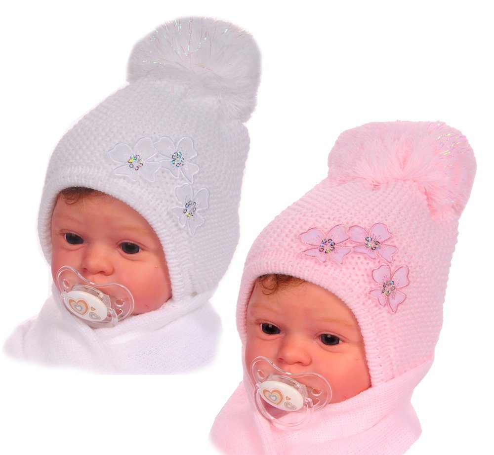 La Bortini Mütze & Schal Mütze und Schal Set für Neugeborene warm gefuttert 36 38 40 0-4 Monate Weiß