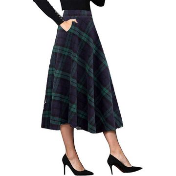 GelldG A-Linien-Rock Damen Lang Vintage Plaid Winterrock Warm Elastische Taille A Linie