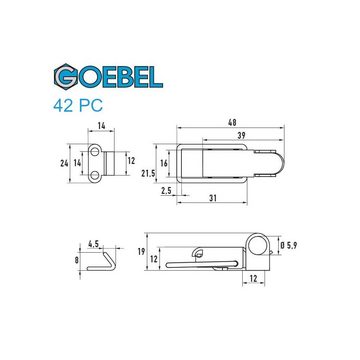 GOEBEL GmbH Kastenriegelschloss 5544511042, (100 x Spannverschluss mit Verschlussvorrichtung 42 PC Kappenschloss, 100-tlg., Kistenverschluss - Kofferverschluss - Hebel Verschluss), gerader Grundtplatte inkl. Gegenhaken Edelstahl A2 (V2A)