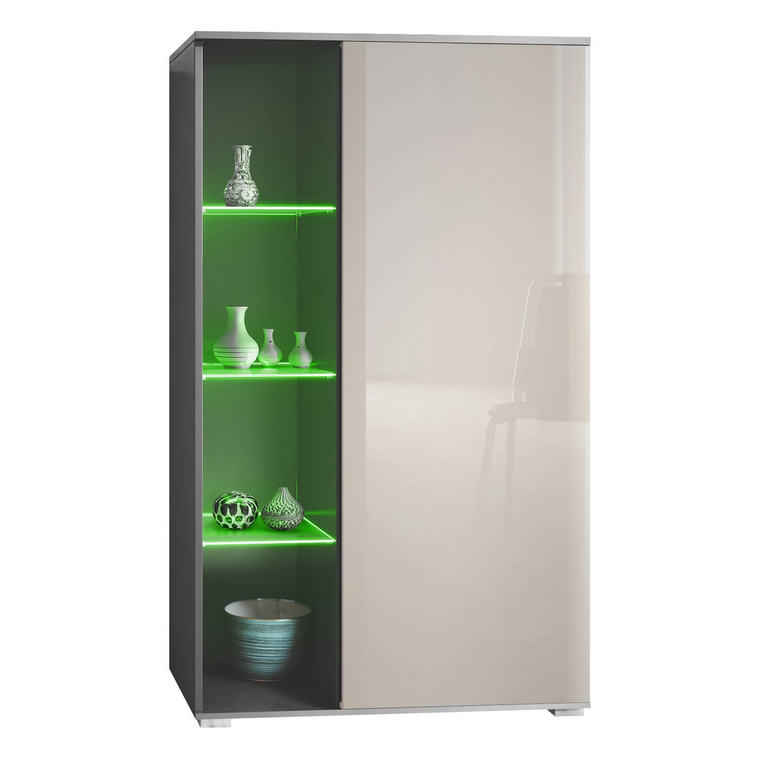 Vladon Standvitrine Davos (Standvitrine, mit 3 Glasböden und 8 Fächer inkl. LED) Anthrazit matt/Sandgrau Hochglanz (71,5 x 134 x 35 cm)