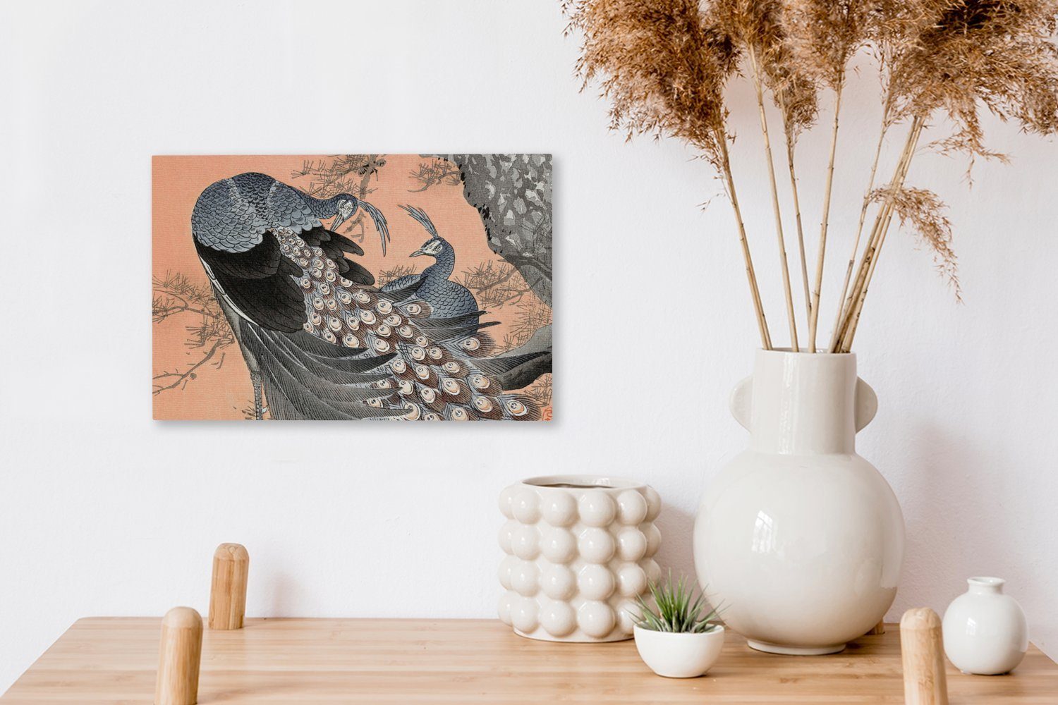 St), Pfau Leinwandbild Japandi - Wandbild (1 - OneMillionCanvasses® Wanddeko, Vintage Aufhängefertig, cm - Leinwandbilder, 30x20 Tiere,