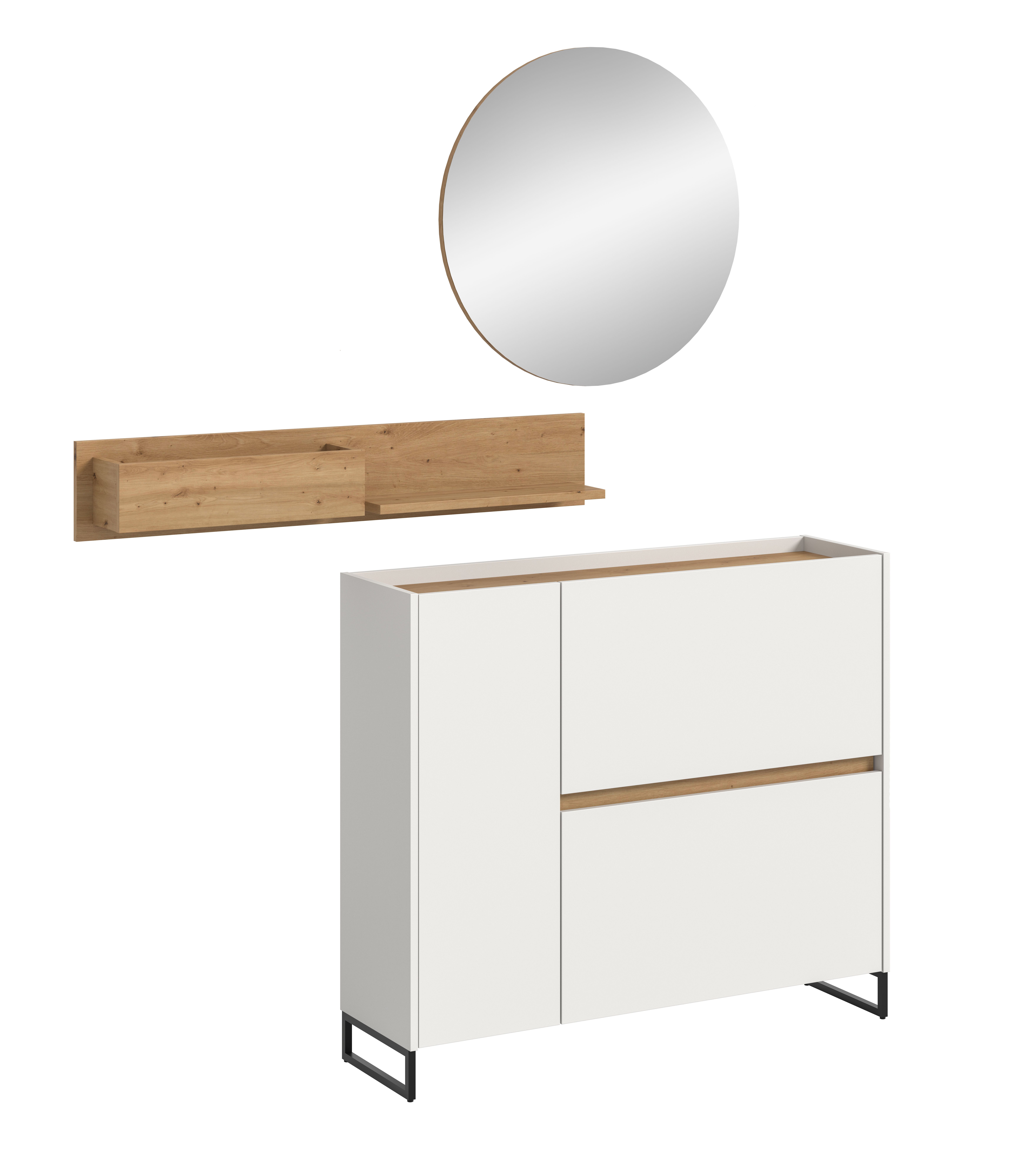 furnling Garderoben-Set Dravo, (3-St., Hängeregal, Schuhkommode, Spiegel), große Ablagefläche, Spiegelfläche, weiß/Artisan Oak, Höhe 197 cm