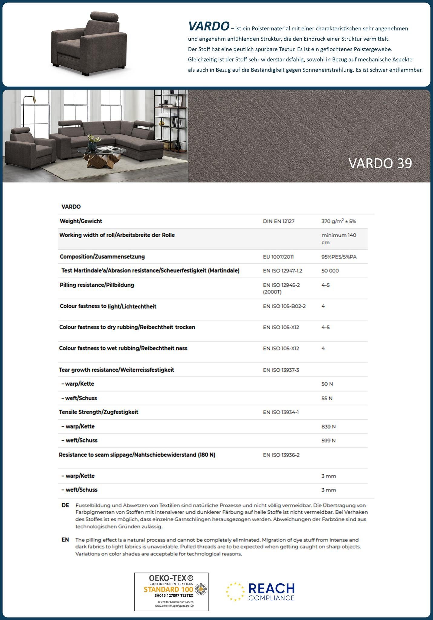 gepolstertes mit Roma, aus Sessel, für Set Polstergarnitur mit Braun Bettkasten, verstellbare Bonnell-Federn Schlaffunktion, Sessel (vardo (modernes Eckgarnitur 39) Ecksofa Beautysofa Wohnzimmer Kopfstützen),