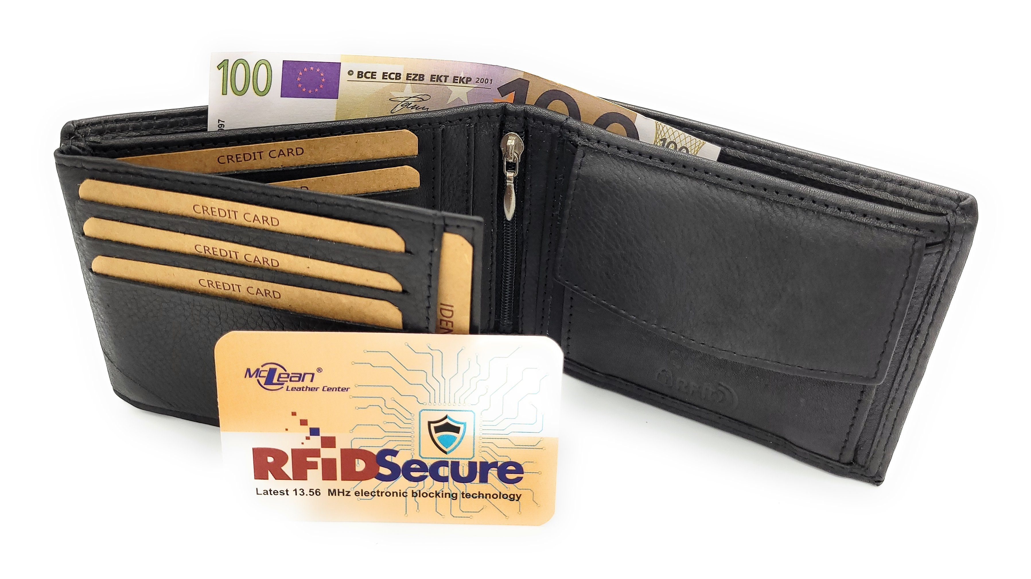 McLean Geldbörse echt Leder Herren mit RFID Portemonnaie Reißverschlussfach Volllederausstattung innen, Schutz