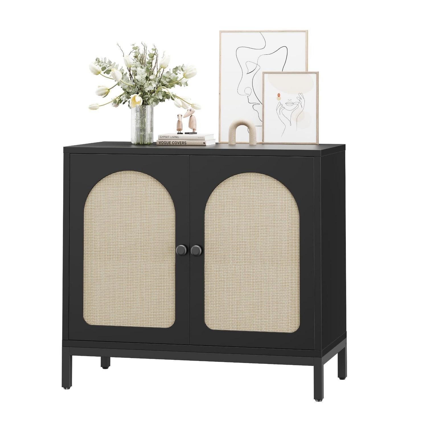 LuxusKollektion Anrichte Sideboard 2 Fächer 2 Rattantüren Schwarz 80x40x72 cm Holzwerkstoff