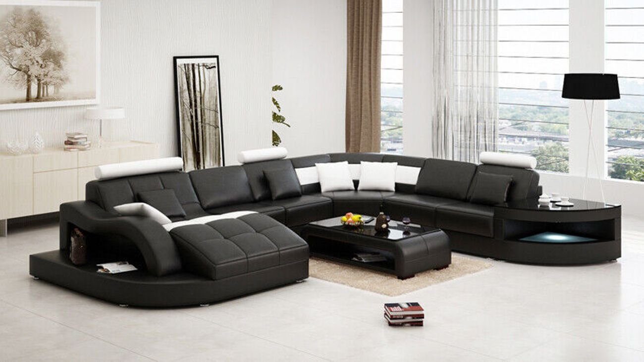 Wohnlandschaft Sofa JVmoebel Braun/Weiß Ecksofa Modern Eck Ledersofa +USB Ecksofa Couch Garnitur