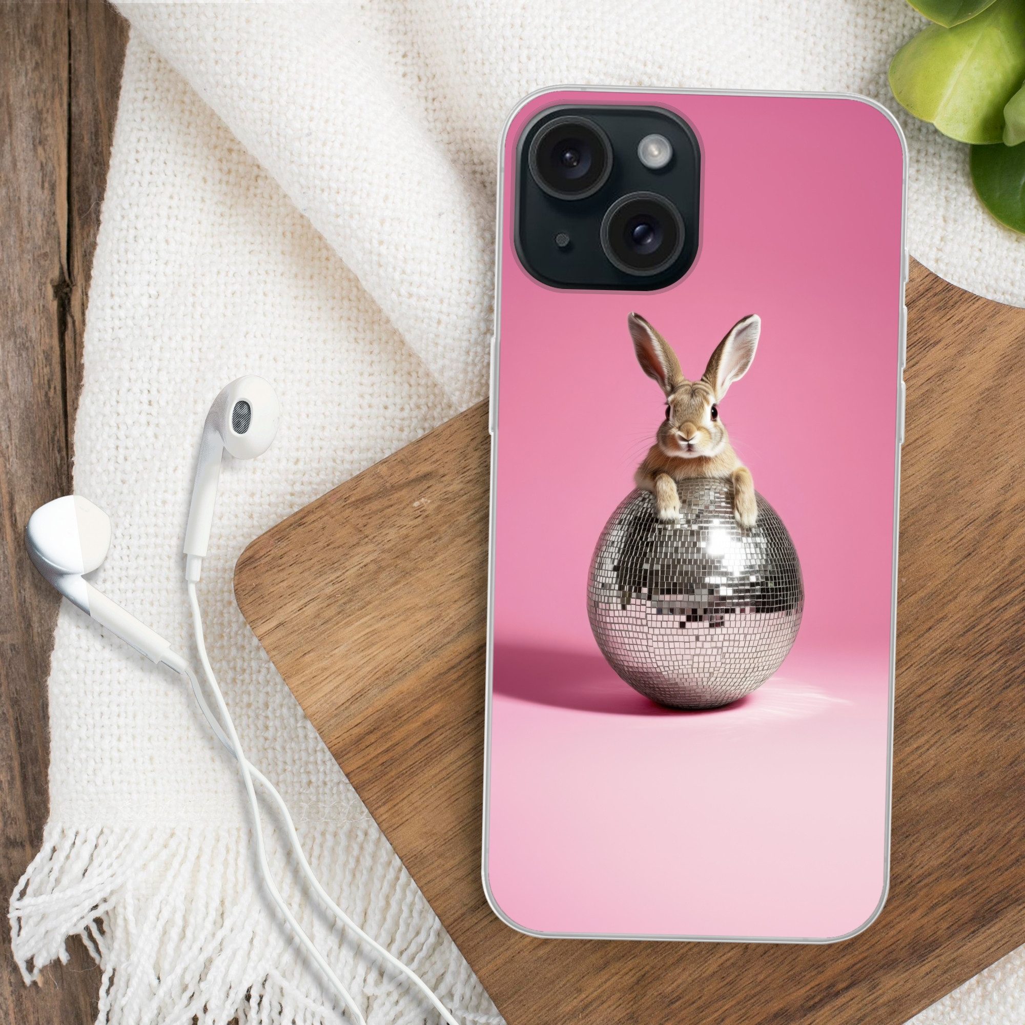 MuchoWow Handyhülle für Apple iPhone 15 Hase - Schleife -Diskokugel, Smartphone-Bumper, Print, Handy Schutzhülle Dünn