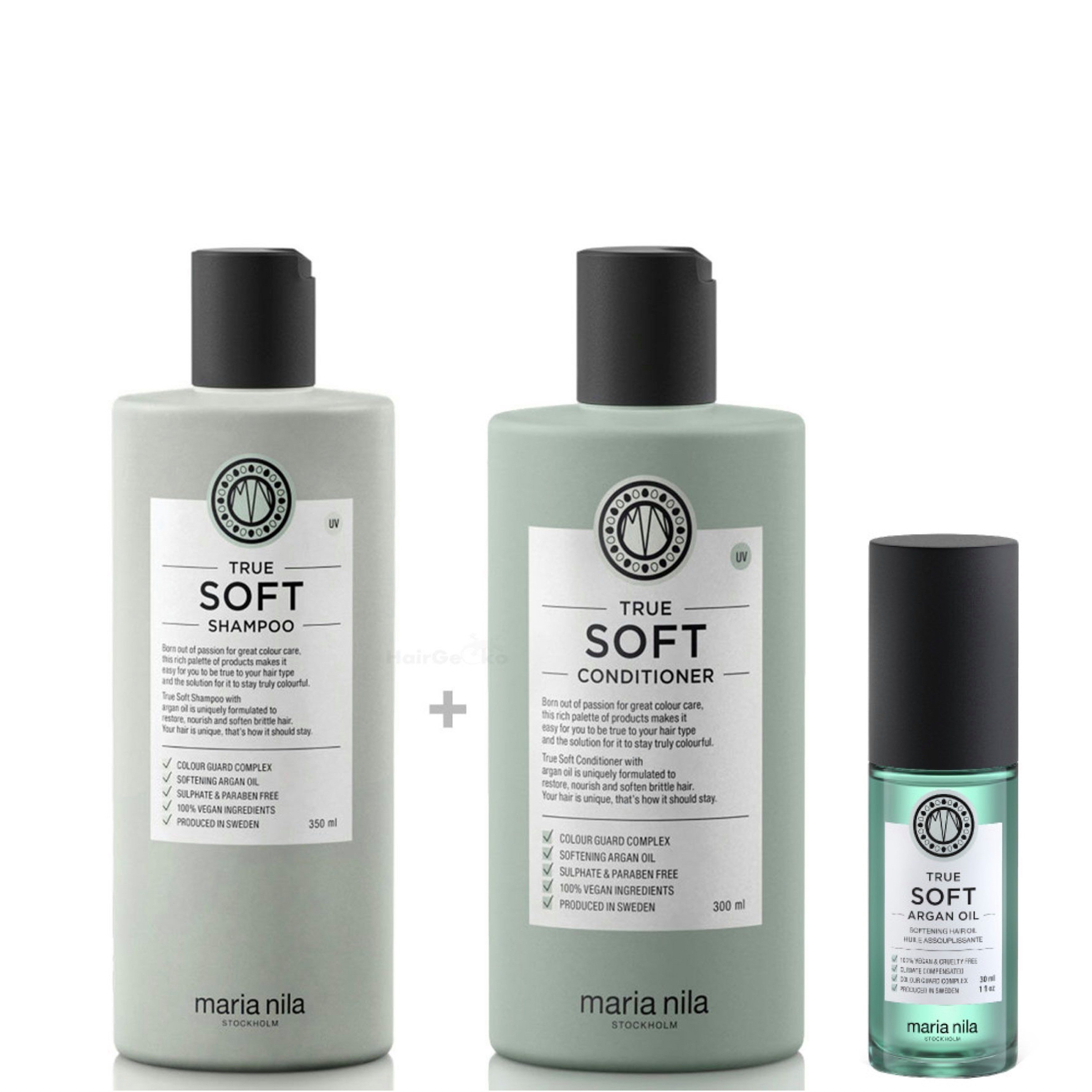 Maria Nila Haarpflege-Set True Soft - Shampoo 350ml + Conditioner 300ml + Argan Oil 30ml, 3-tlg.