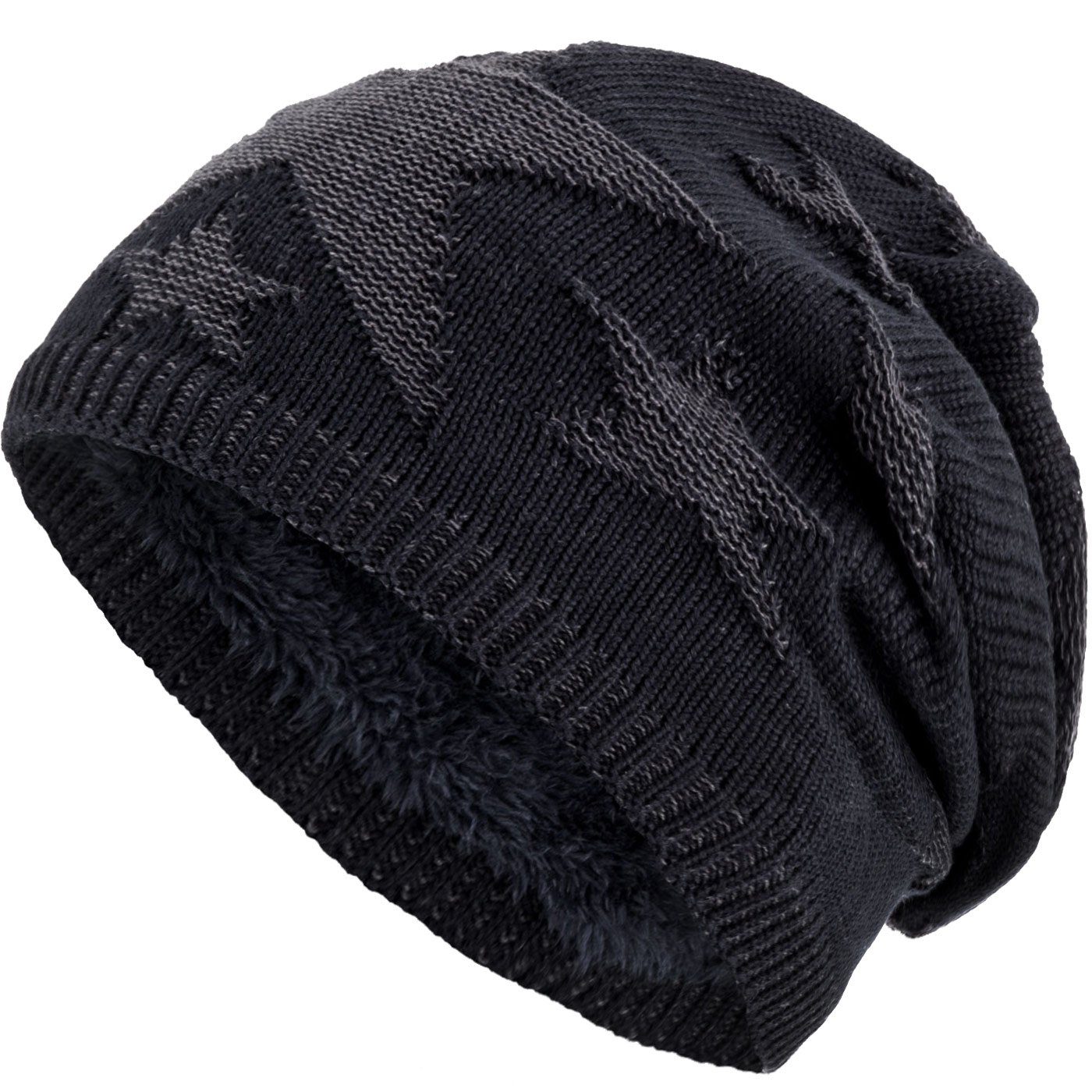 Beanie Strickmütze compagno Mütze Sternen schwarz Stern gefütterte (1-St) Wintermütze warm