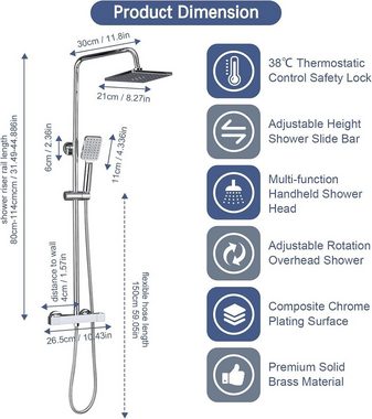 Namuoto Duschsystem mit Duscharmatur Thermostat Regenduschset mit Kopfbrause und Duschkopf, Duschamaturenset mit Schlauch und HöHeverstellbarer Duschstange