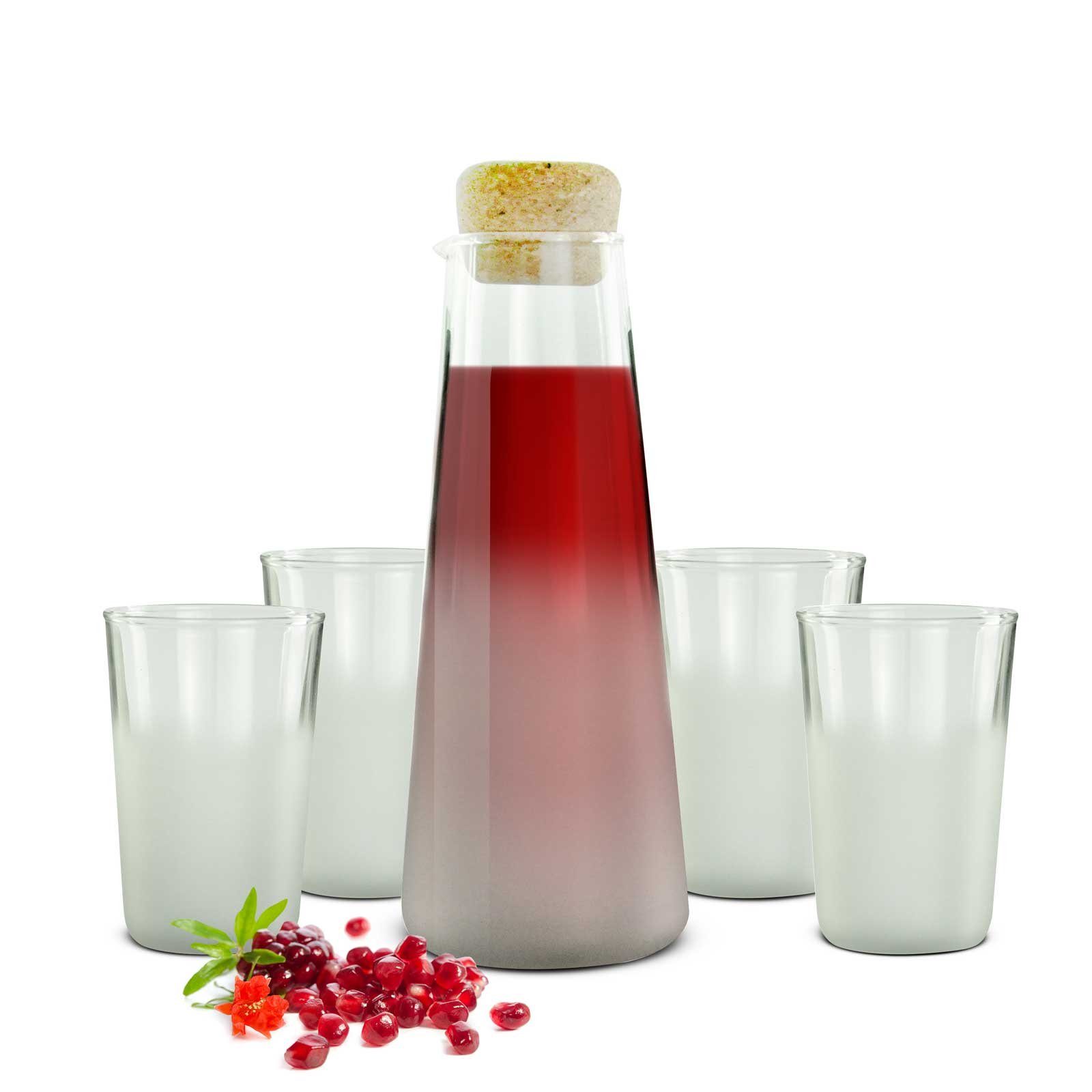 Sendez Tumbler-Glas 4 Trinkgläser + Glaskaraffe mit Korkdeckel Weinkaraffe Saftgläser, 5-tlg., Glas