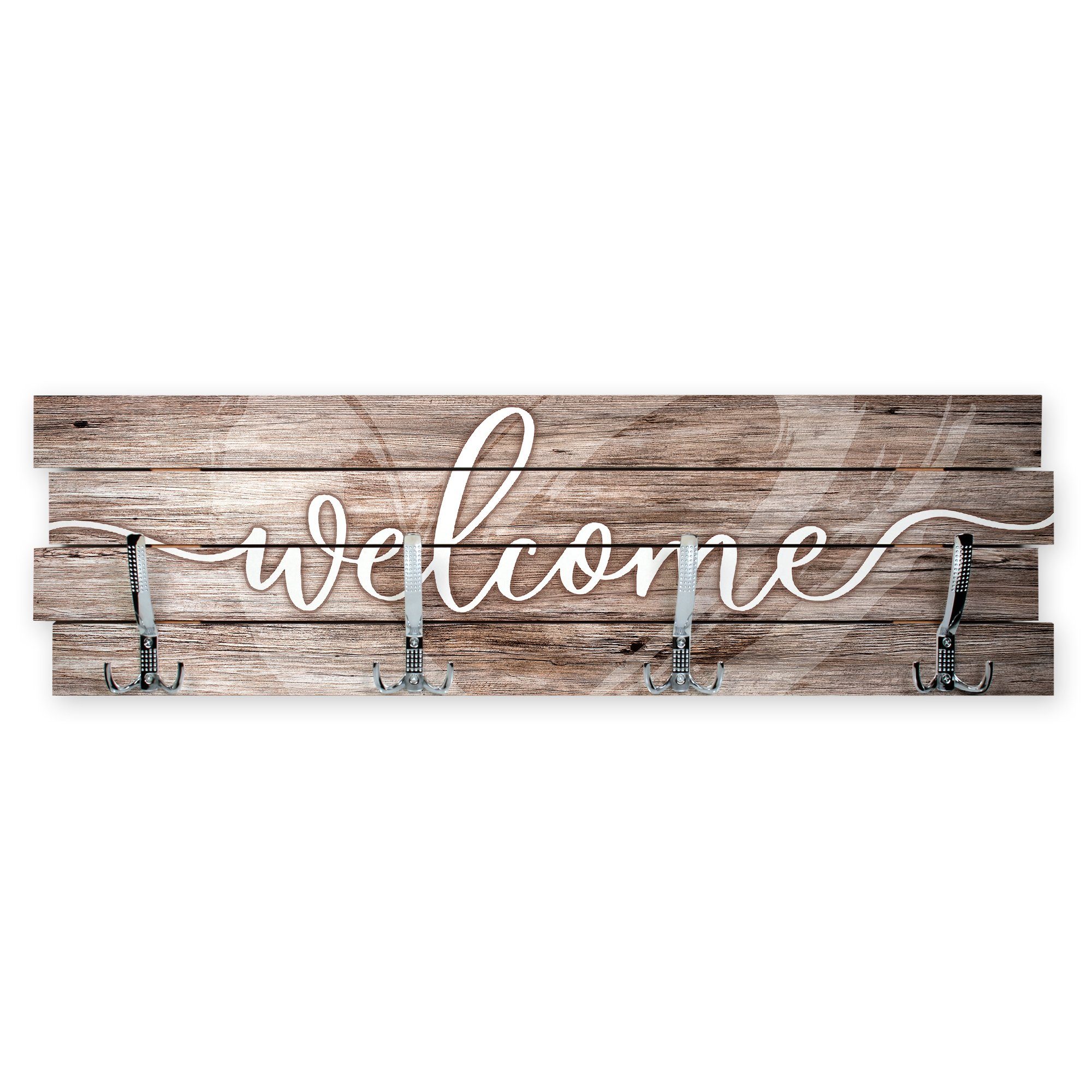 Kreative Feder Wandgarderobe Wandgarderobe "Welcome" aus Holz, im Shabby-Chic-Design farbig bedruckt ca. 30x100cm 4 Doppel-Haken