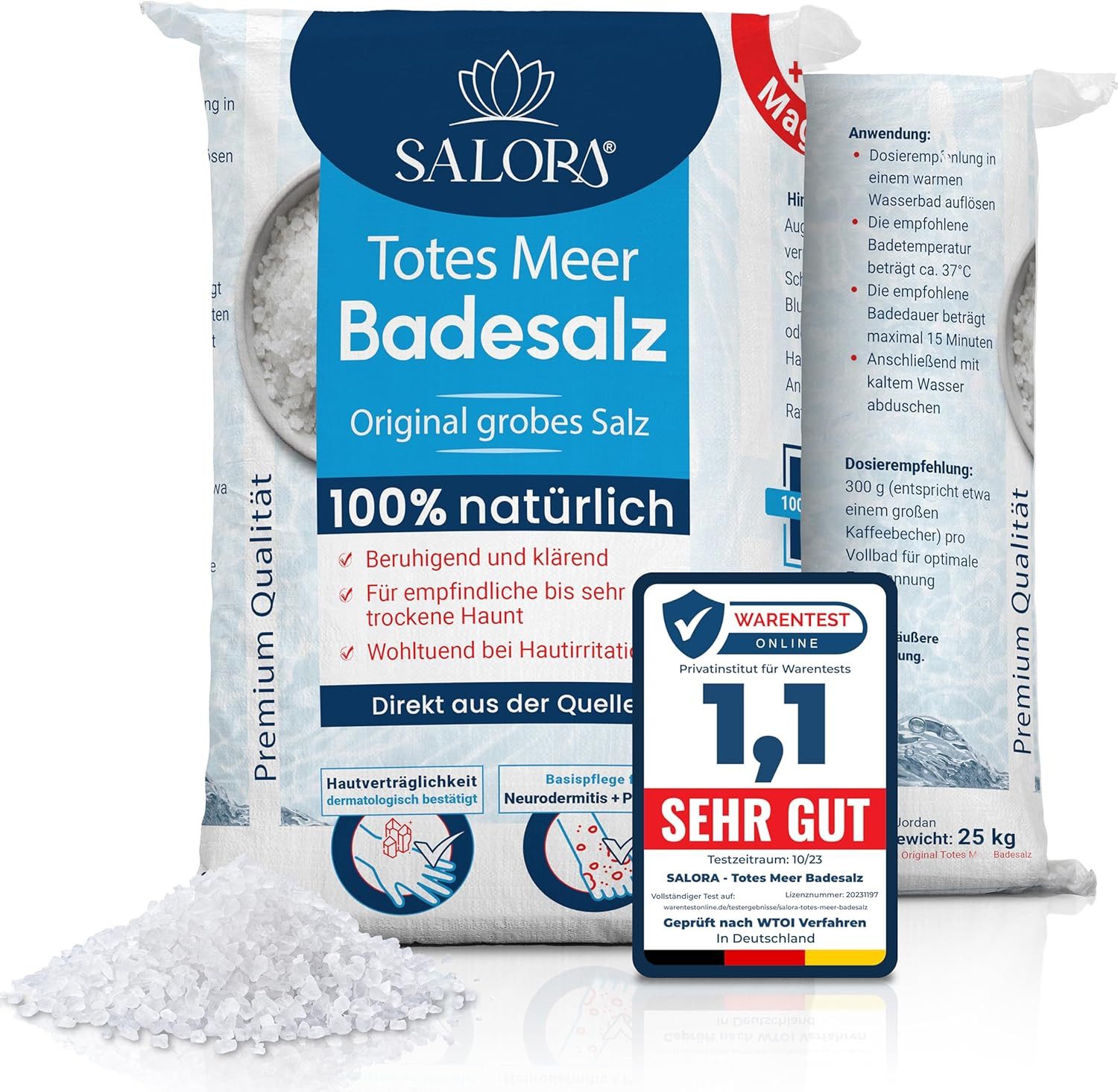 Salora Badesalz Premium Totes Meer Badezusatz im 25 Kg Sack Mediterranes Meersalz, aus Jordanien rein als Vollbad oder Fußbad Salz mit Peeling Effekt