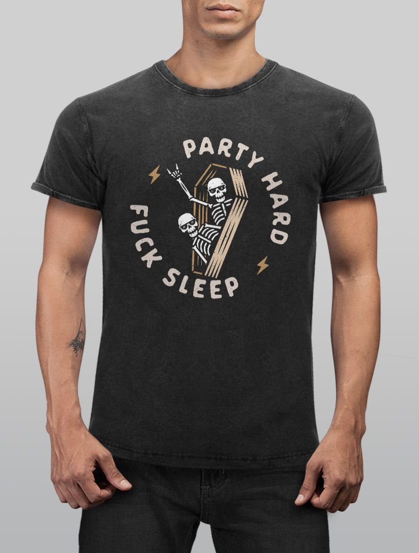 Vintage Used Fuck Herren Look Printshirt Aufdruck Sleep Print Party Slim Sarg Shirt T-Shirt Motiv mit Neverless® Spruch Hard Print Skelett Print-Shirt Fit Neverless Skeleton