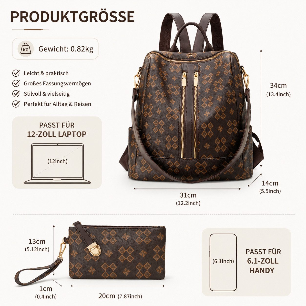 Forrlite Rucksack Damen Rucksack, Kleine 2 in 1 Rucksackhandtasche (Wasserdichter City Rucksack mit vielen Fächern, PU Leder Rucksack Handtasche mit Schultergurt, Geschenke für Damen), 2-teiliges Set, Anti-Diebstahl Tagesrucksack für Damen