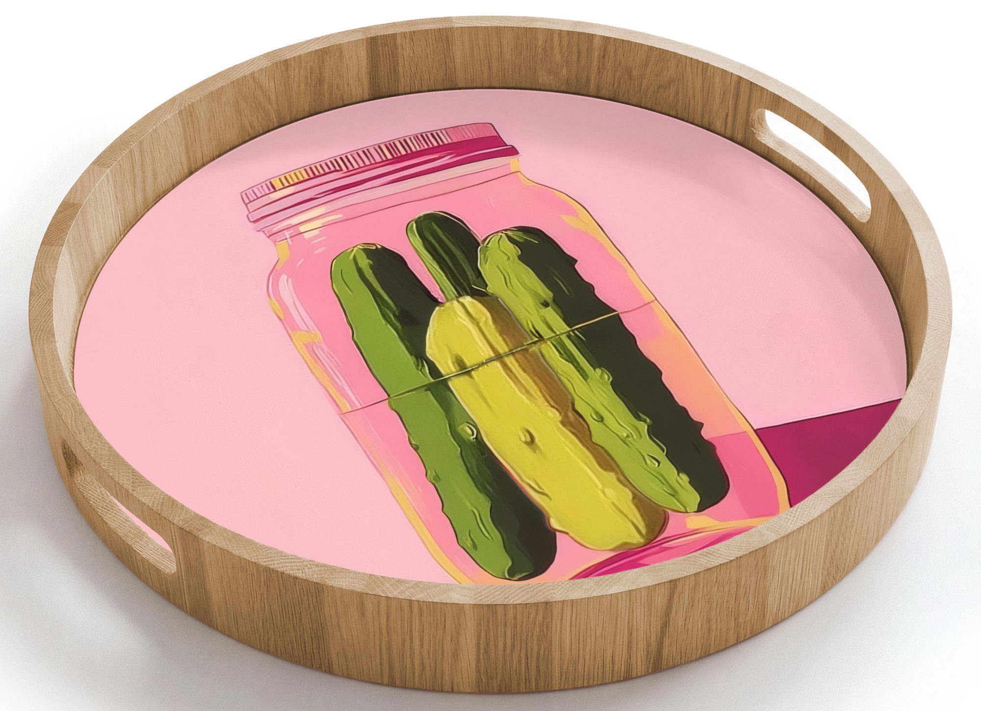 OnlyWow Tablett Rund mit Henkel Gewürzgurken - Topf - Farbton - Rosa, Eichenholz, (1-tlg), Siervierplatte, Tray, Frühstücksbrett