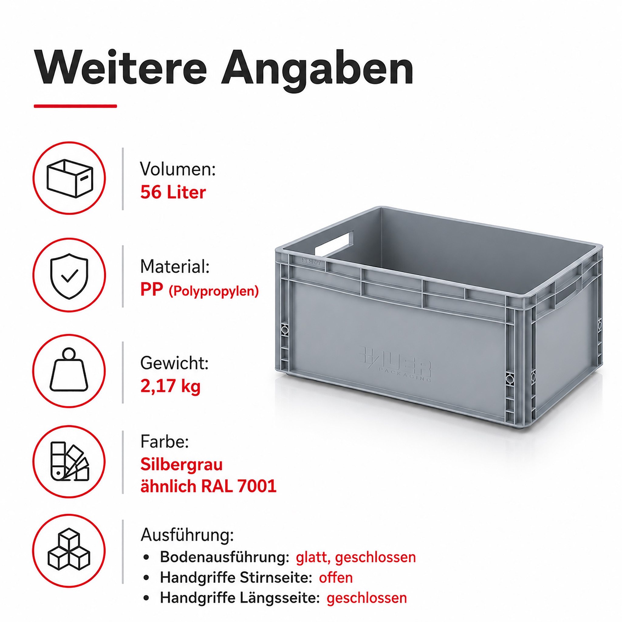 AUER Packaging GmbH Transportbehälter AUER Eurobehälter EG 64/27, 60 x 40 x 27 cm Transportbox Lagerkiste, (1-St), stapelbar