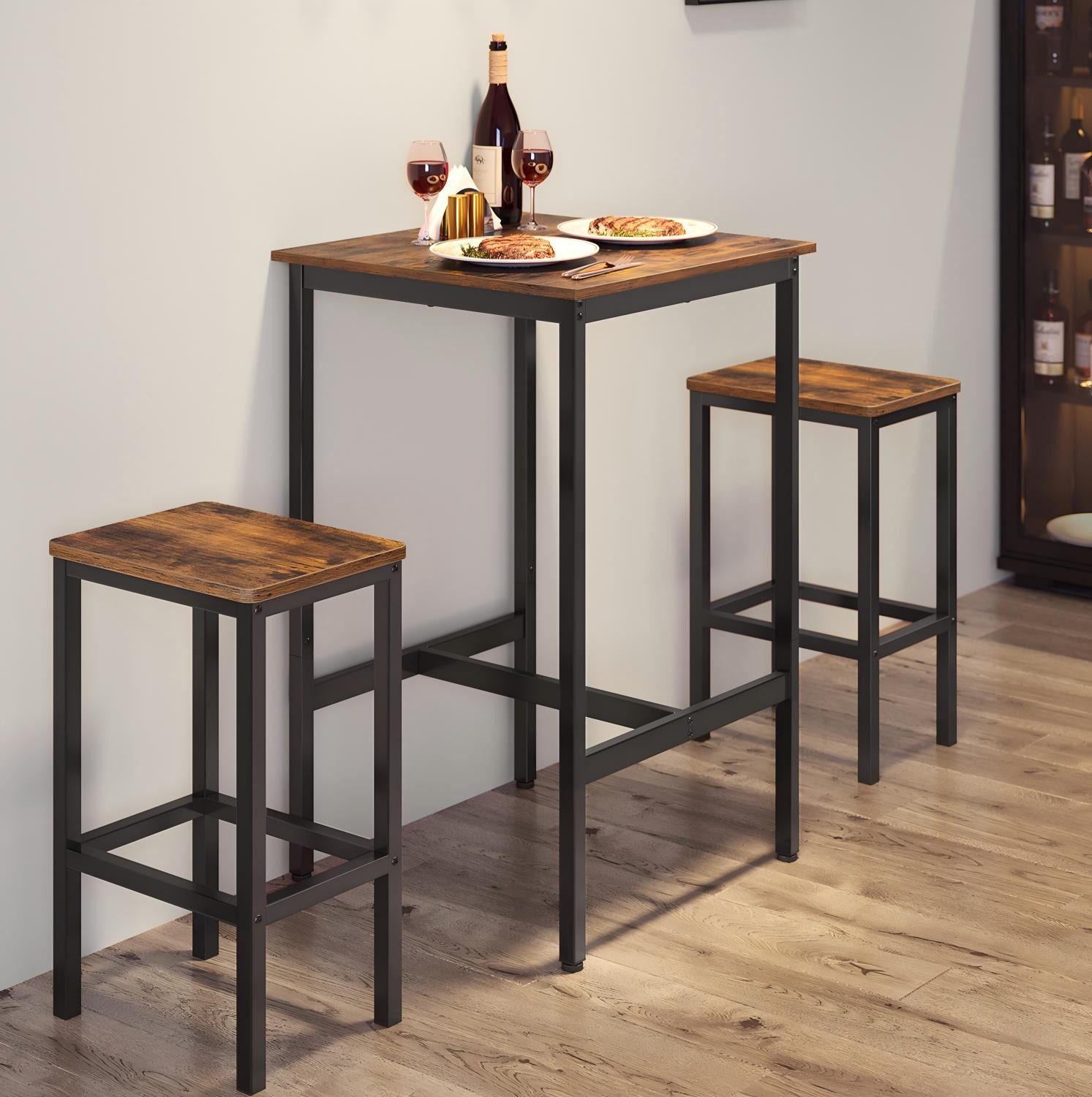 VASAGLE Bartisch Bartisch-Set, Esstisch(60 x 60 x 90 cm) mit 2 Barhochern