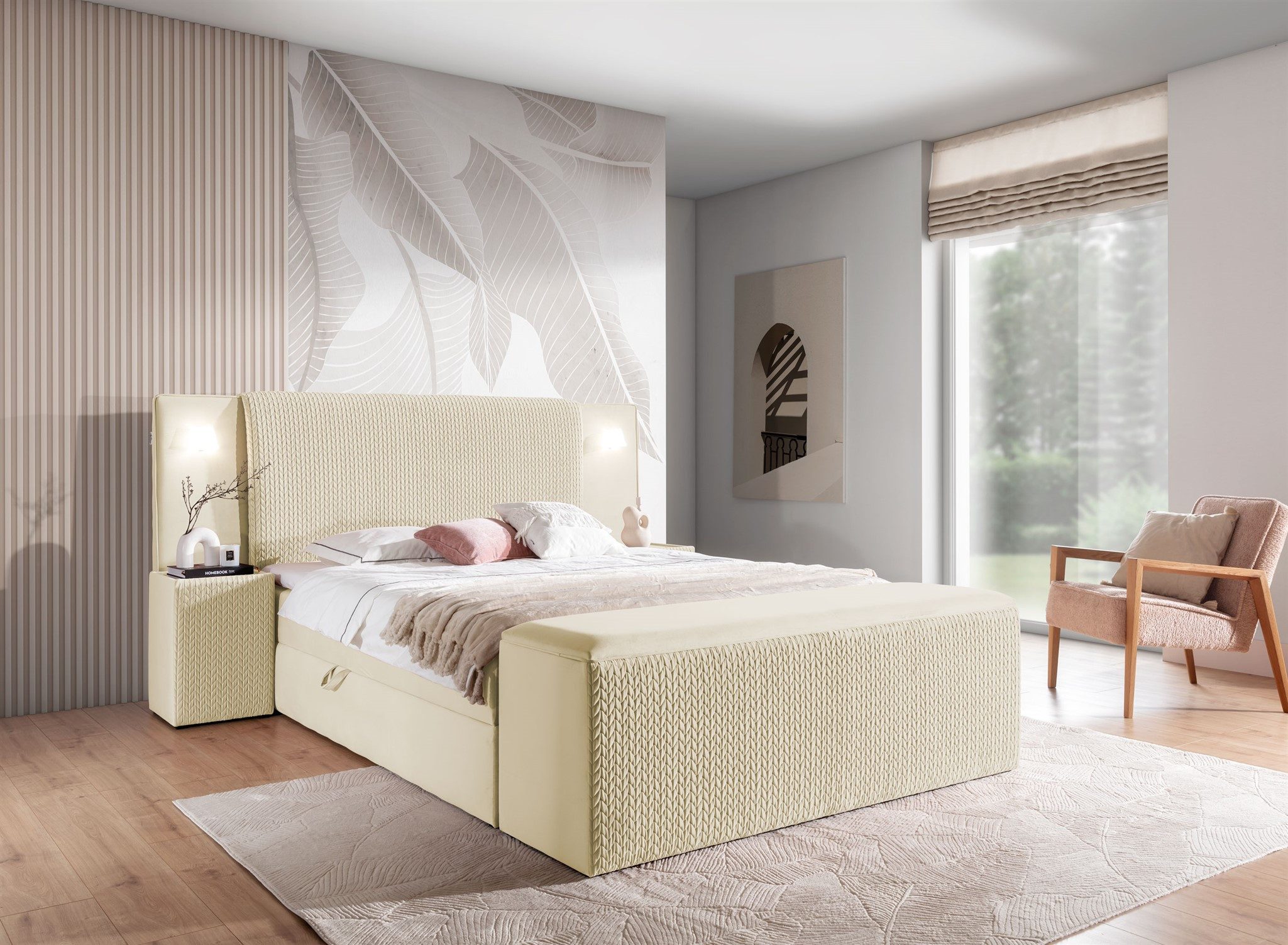 Fun Möbel Boxbett Bett MARTEN in Stoff Magic Velvet Set.3 (inkl. Bettkästen und Kaltschaumtopper, inkl. Polsterhocker mit Stauraum), Ambiente-Beleuchtung mit Touch Funktion im Kopfteil