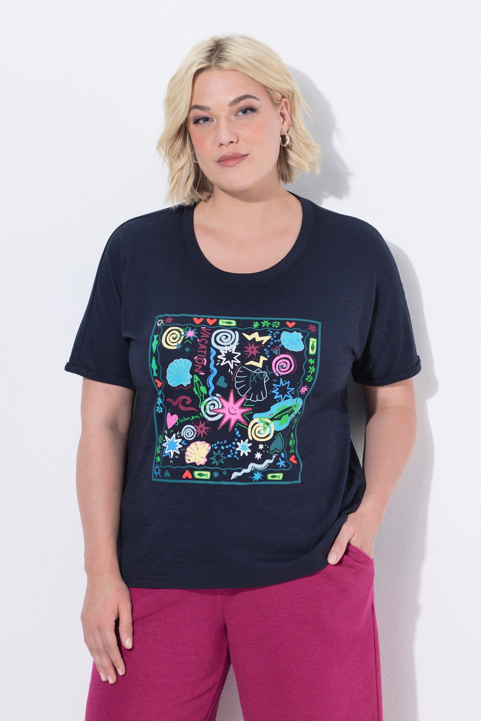 Ulla Popken T-Shirt T-Shirt Motivdruck Oversized Rundhals Halbarm