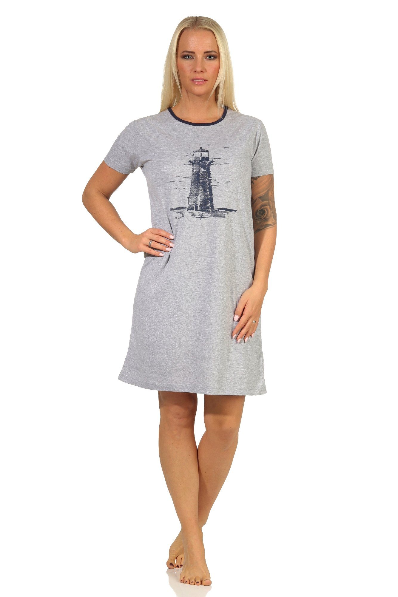 RELAX by Normann Nachthemd Damen Nachthemd kurzarm im maritimen Look und Leuchtturm als Motiv grau