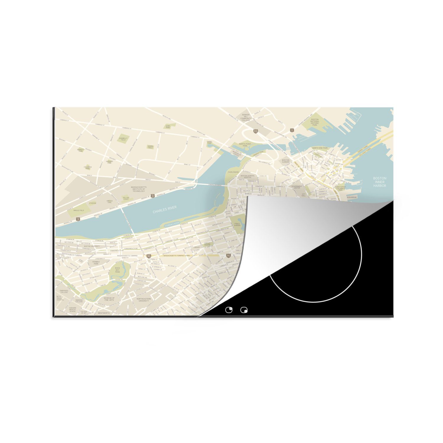 MuchoWow Herdblende-/Abdeckplatte Eine Illustration einer Karte von Boston, Vinyl, (1 tlg), 81x52 cm, Induktionskochfeld Schutz für die küche, Ceranfeldabdeckung