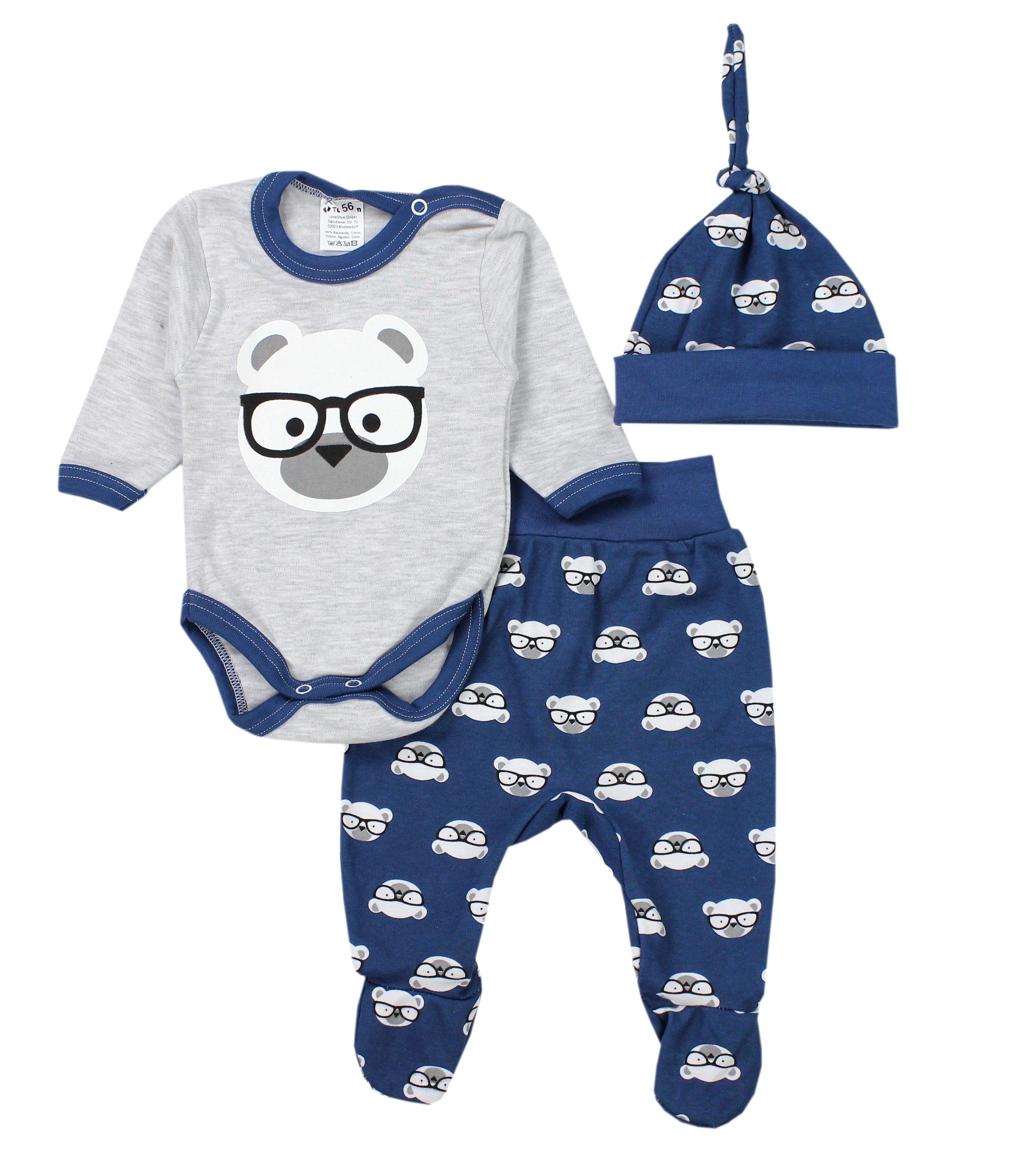 TupTam Erstausstattungspaket Baby Kleidung Set Body Strampelhose Mütze Bekleidungsset Bärchen mit Brille Grau / Dunkelblau