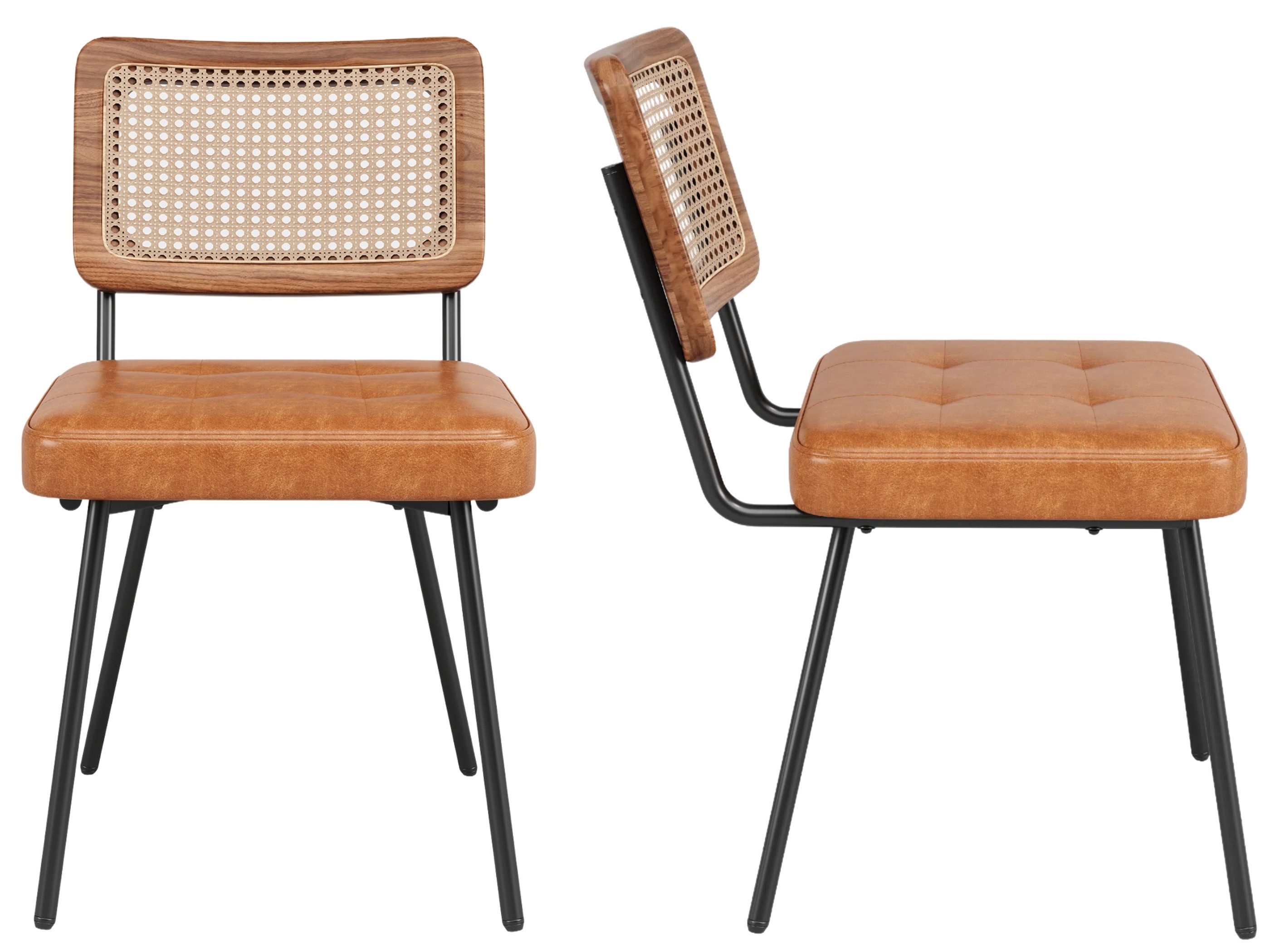 SeedWave Esszimmerstuhl 2er-Set Küchenstuhl Rattanstühle mit PU-Sitzkissen,Verstellbaren Füßen, Stützschrauben erreichen zur Höhenverstellfunktion