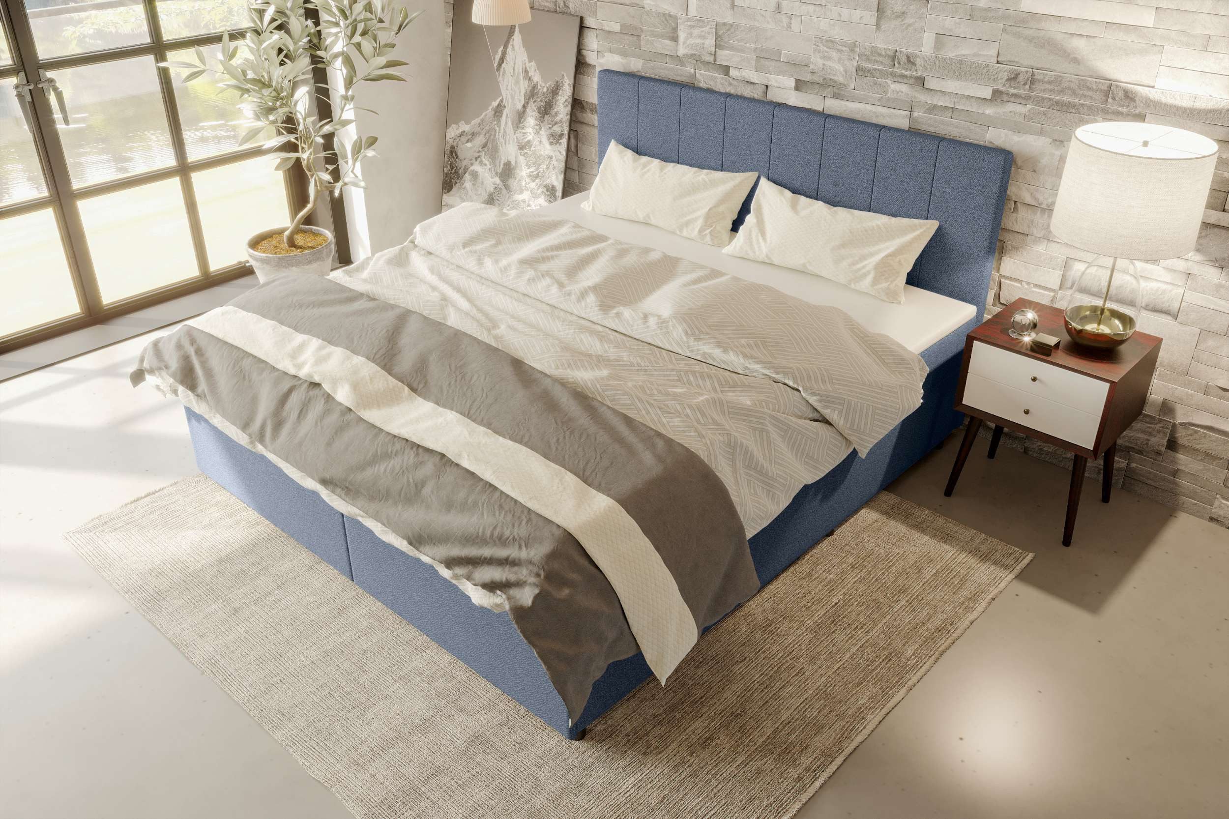 99rooms Boxspringbett Kira (Schlafzimmerbett, Bett), 140/160/180/200x200 cm, Strukturstoff NEVE, mit Topper, Frontauszüge