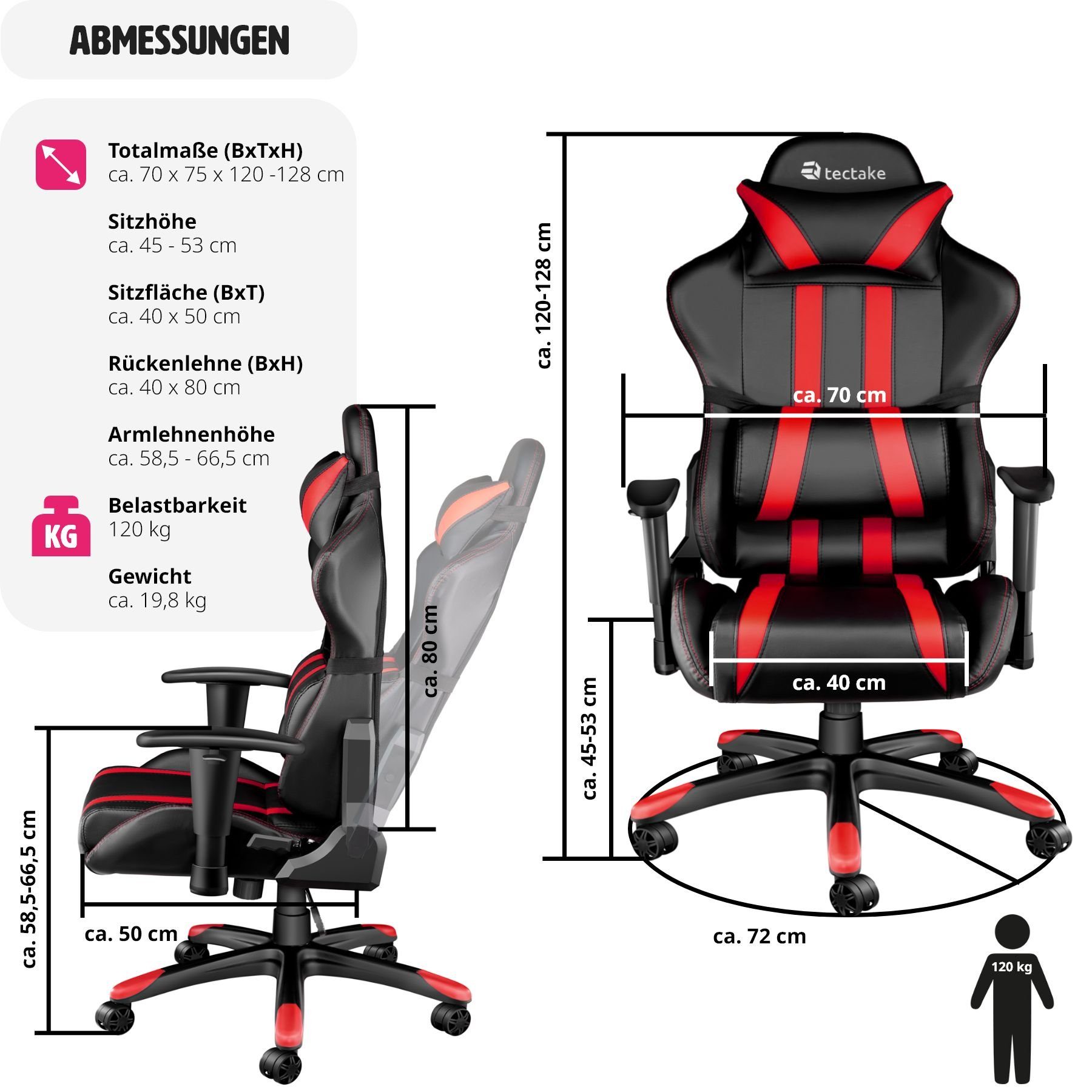 Bürostuhl 105° bis (1er, schwarz/rot Gaming-Stuhl Racing 1 verstellbar Streifen tectake mit Rückenlehne Premium St),