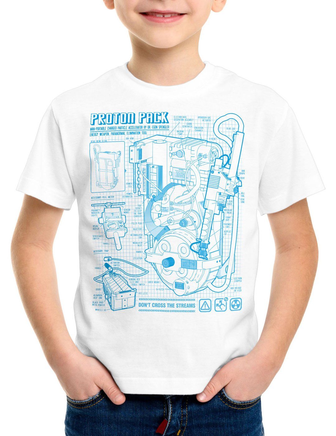 style3 Print-Shirt Kinder T-Shirt Geisterjäger Protonenstrahler Blaupause proton pack weiß
