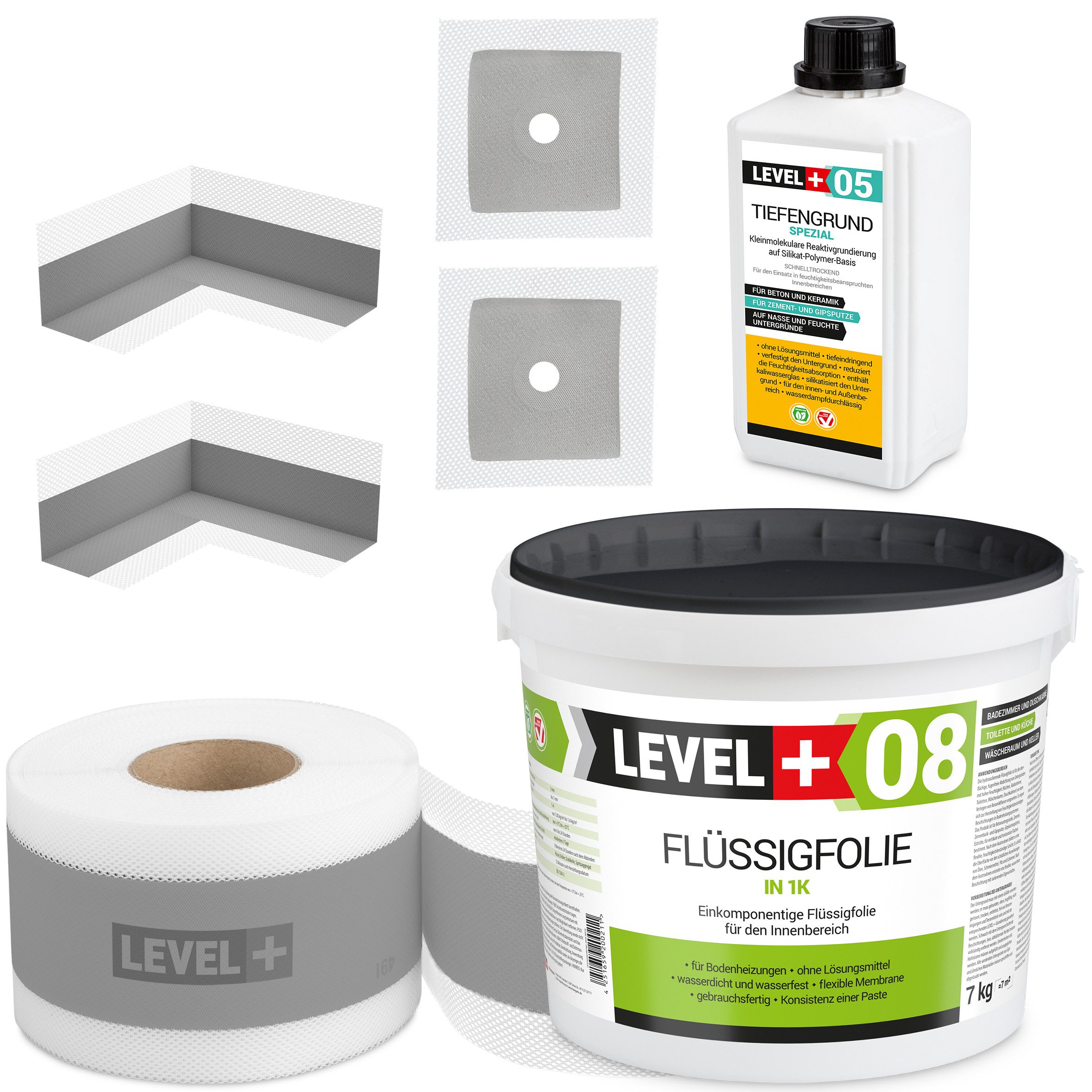 Level+ Dichtstoff Dichtset für Duschabdichtung Bad Dichtband Flüssigfolie 7kg SET53