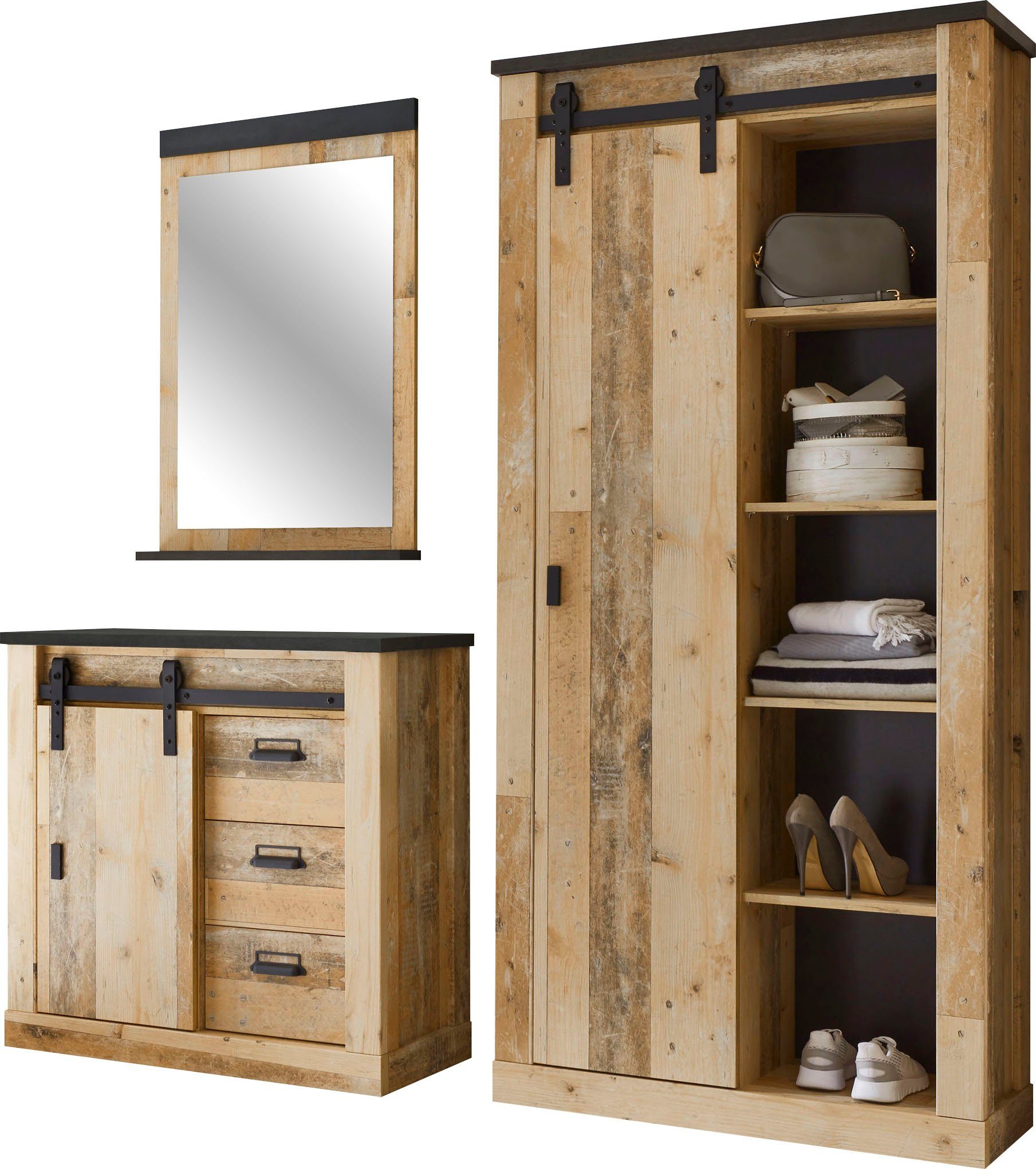 Home affaire Шкафы-Set SHERWOOD, (3-St), mit Scheunentorbeschlag, Apothekergriffe aus Metall