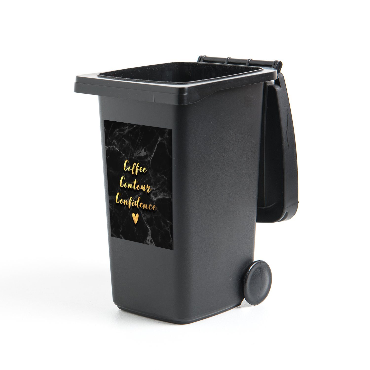 Wandsticker Container, Zitat - St), Kaffee MuchoWow Gold Mülleimer-aufkleber, Sticker, Mülltonne, Marmor Abfalbehälter - - (1