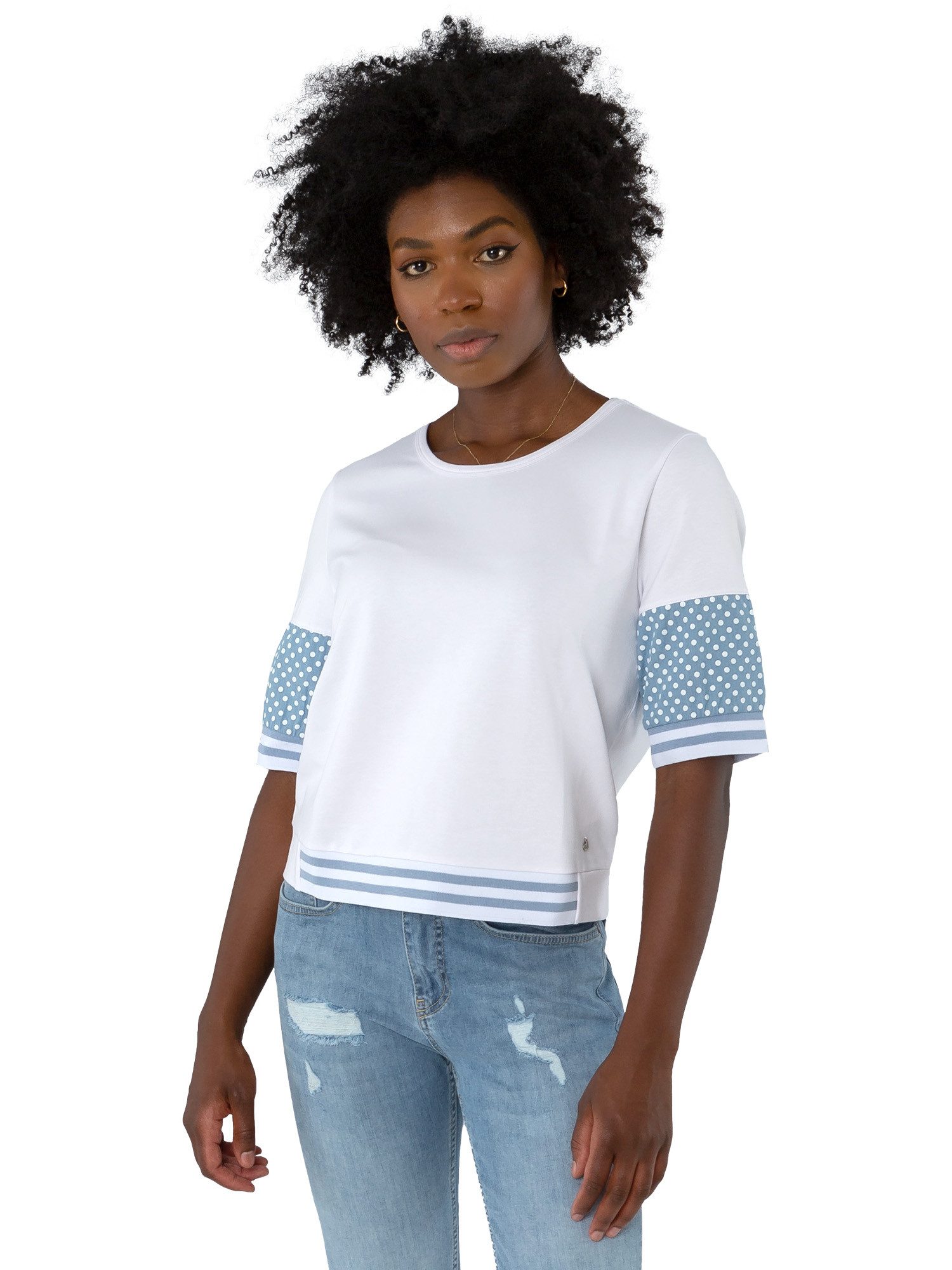 Gio Milano Sweatshirt G30-1104 mit modischem Jeansärmel und Pünktchen Jeanselemente am Ärmel mit Pünktchen