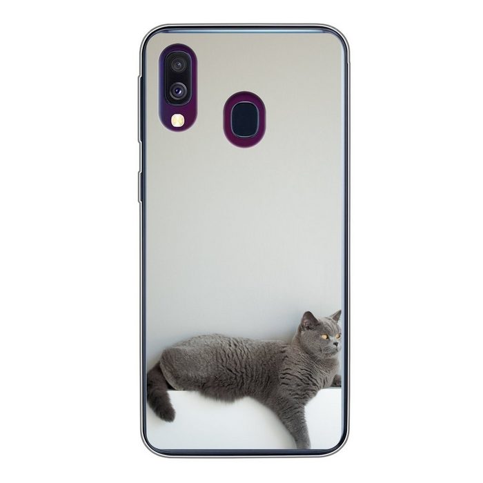MuchoWow Handyhülle Katze - Britisch Kurzhaar - Grau - Mädchen - Kinder - Jungen - Kinder Handyhülle Samsung Galaxy A40 Smartphone-Bumper Print Handy