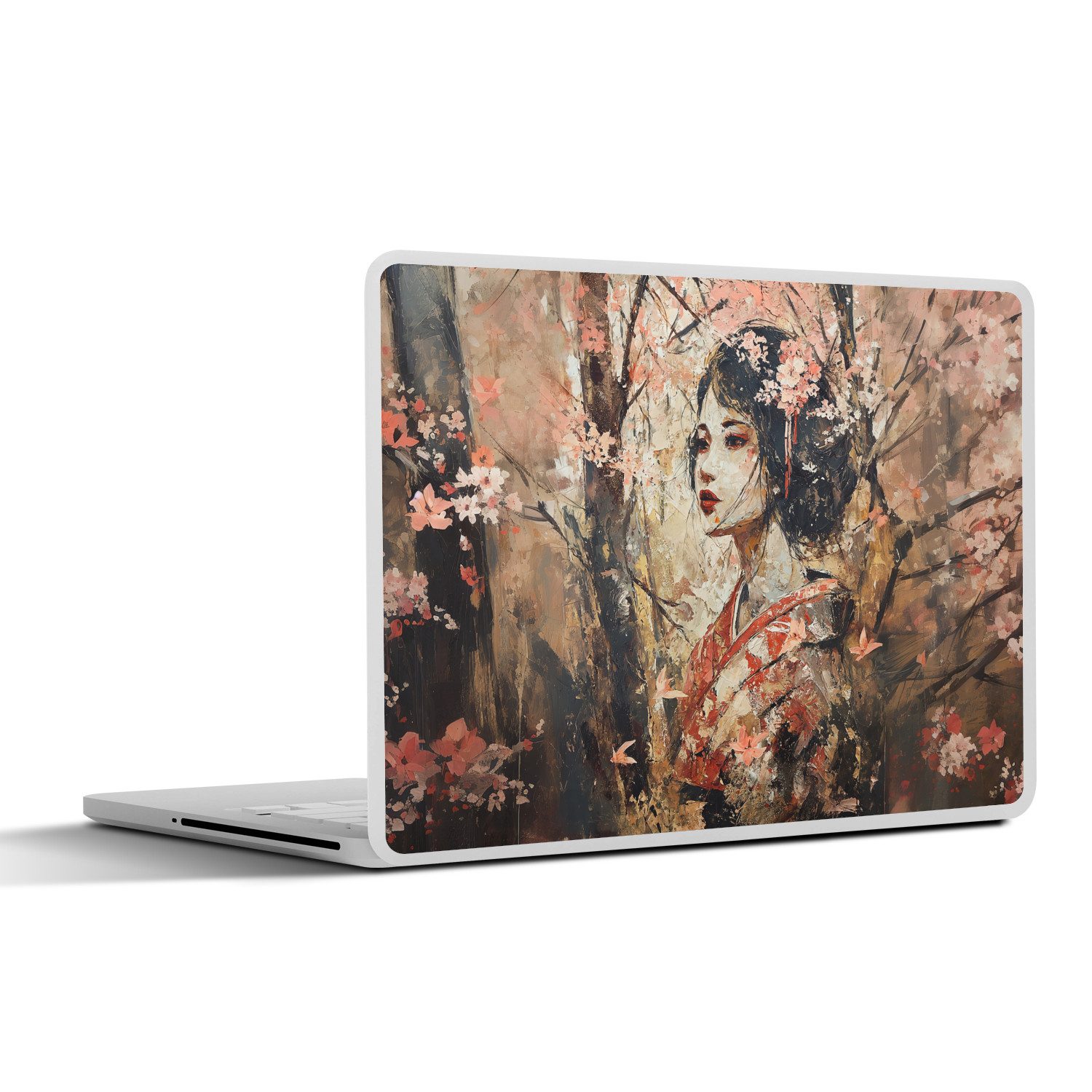 MuchoWow Laptop-Aufkleber Kimono - Frau - Kirschbäume, (1tlg), Aufkleber Geeignet für Laptops, Schutz vor Kratzern, Sticker, 31x22 cm