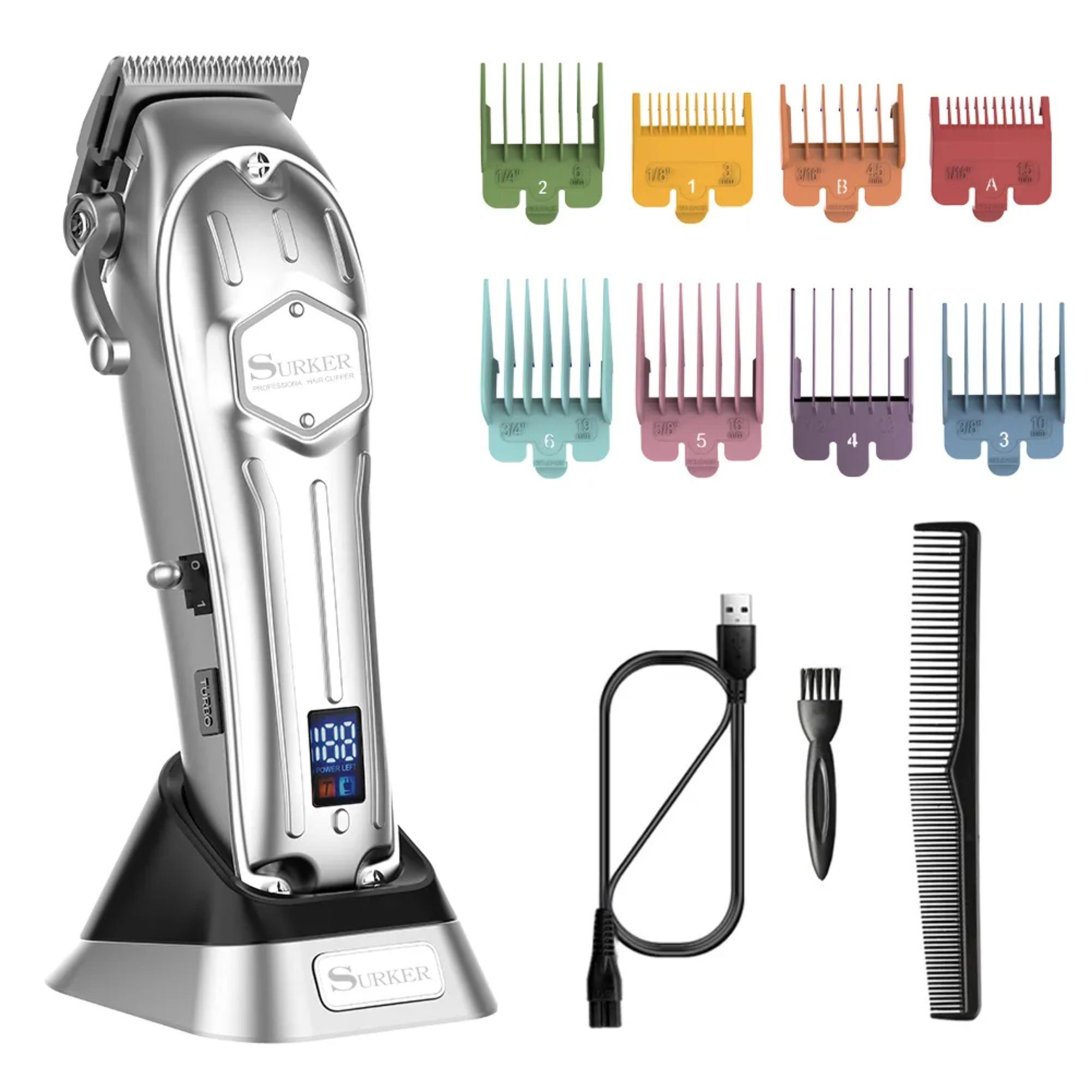 SURKER Beauty-Trimmer Haarschneidemaschinen für Männer Professionelle Akku-Bartschneider, 1 kompletter Satz, mit wiederaufladbarem LED-Pflegeset, Arbeitszeit: 240 Minuten Silber