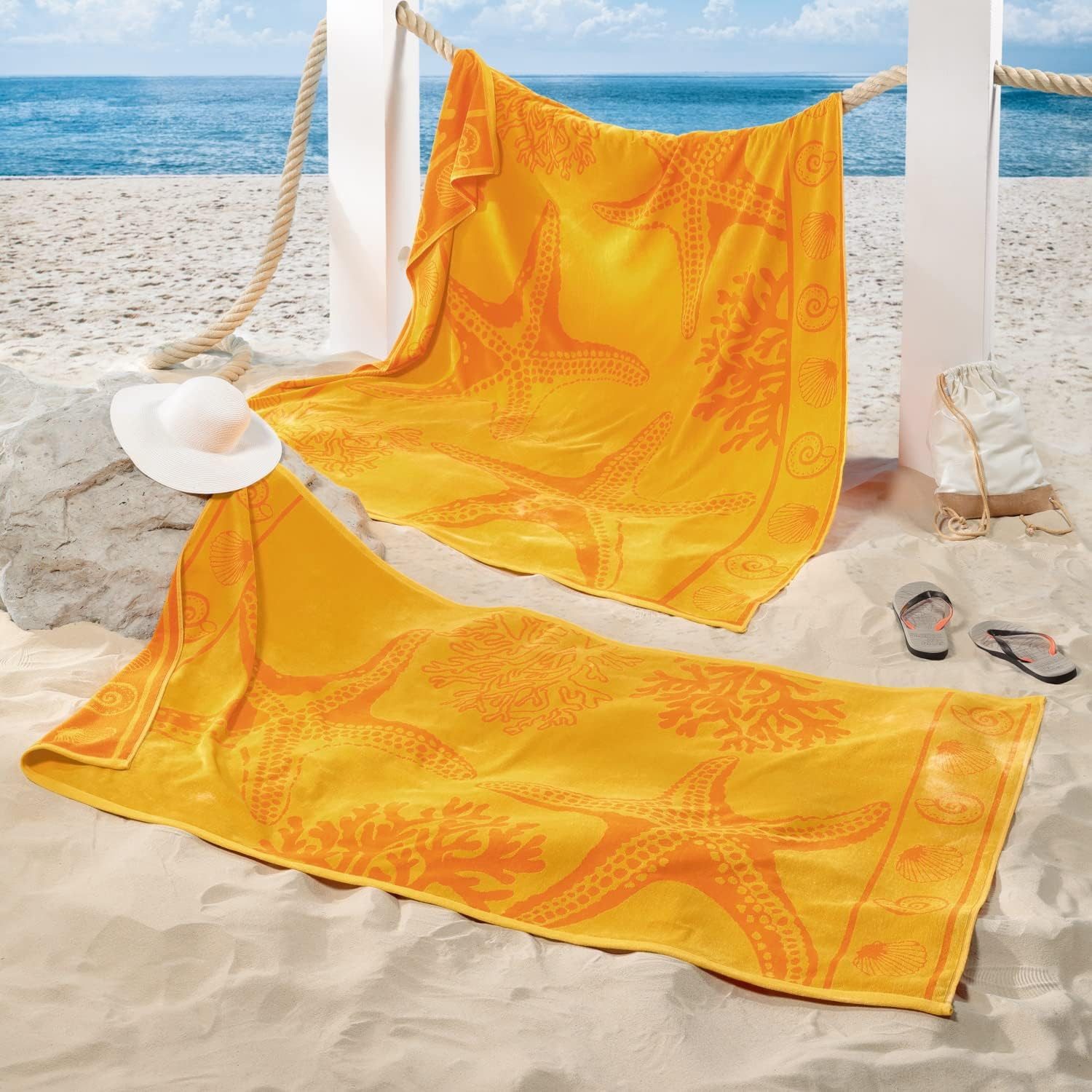 Delindo Lifestyle Strandtuch Tropical SEESTERN, XXL Strandlaken aus 100% ägyptischer Baumwolle, (1-St), Jacquard-gewebtes Motiv