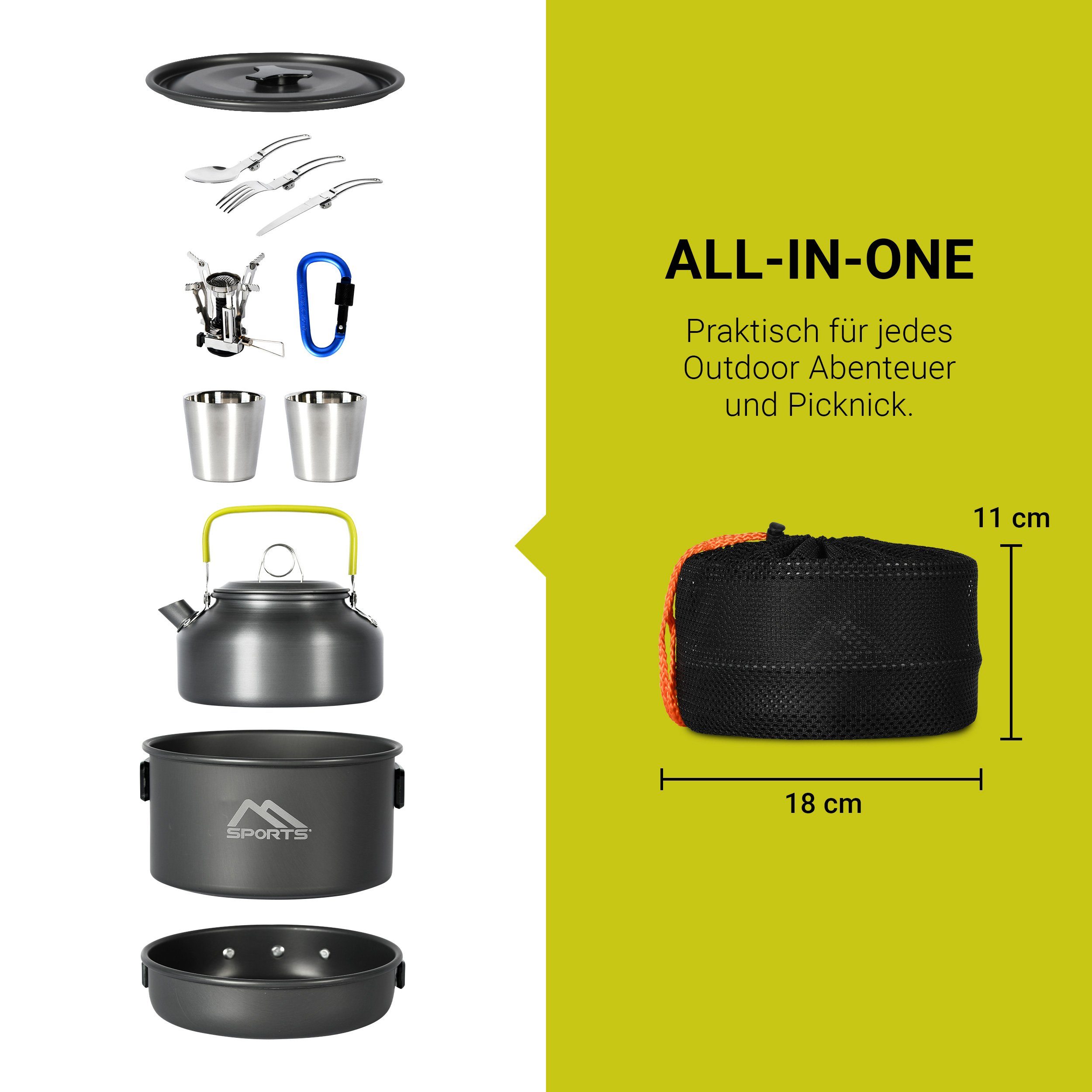 MSports® Gaskocher Camping Kochset 11-teilig Kochgeschirr Set Outdoor