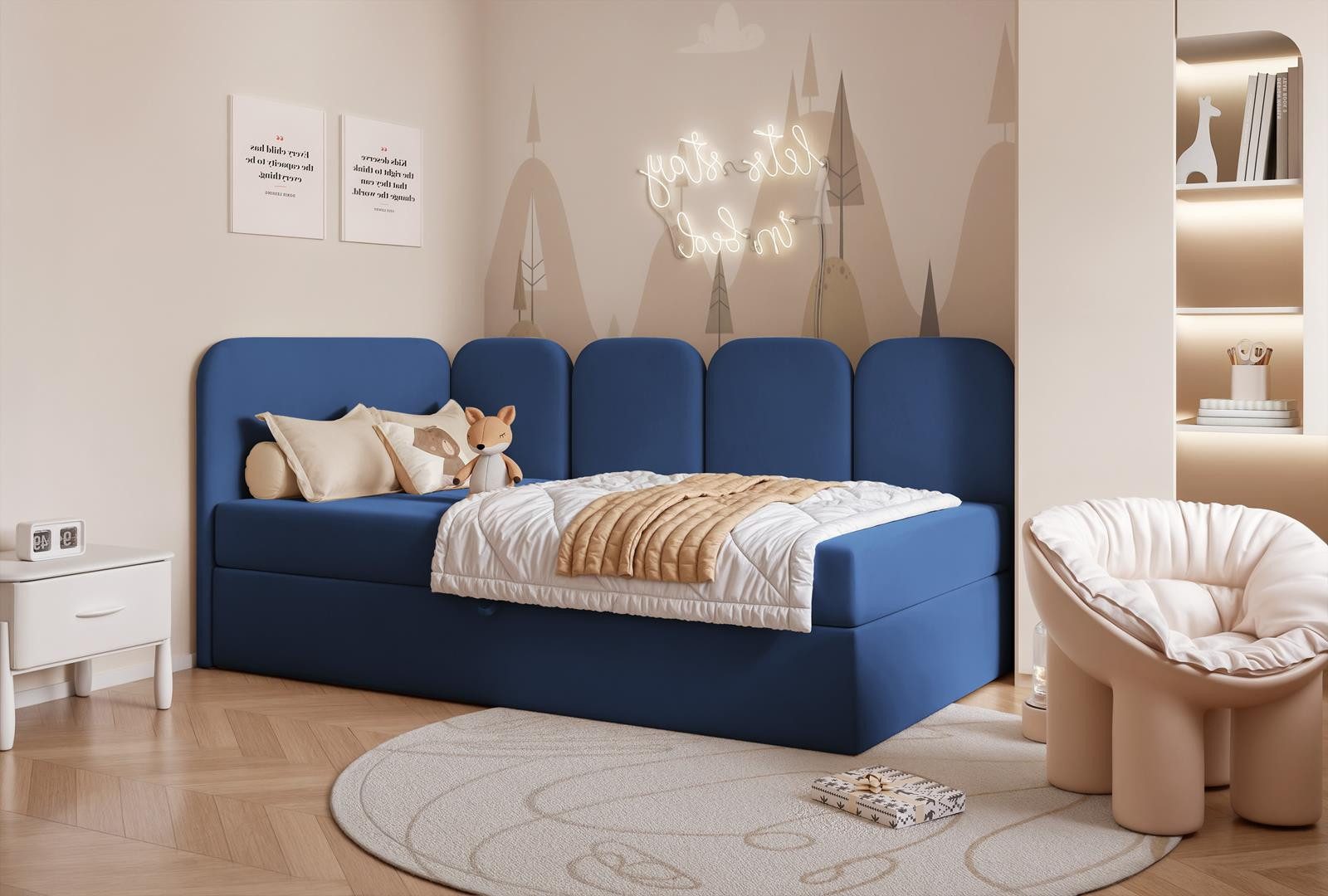 Compleo Boxspringbett Jugendbett DREAMY, Polsterbett mit Bettkasten, 80/90/100/120x200, Kopfteil links oder rechts, Boucle oder Velvet
