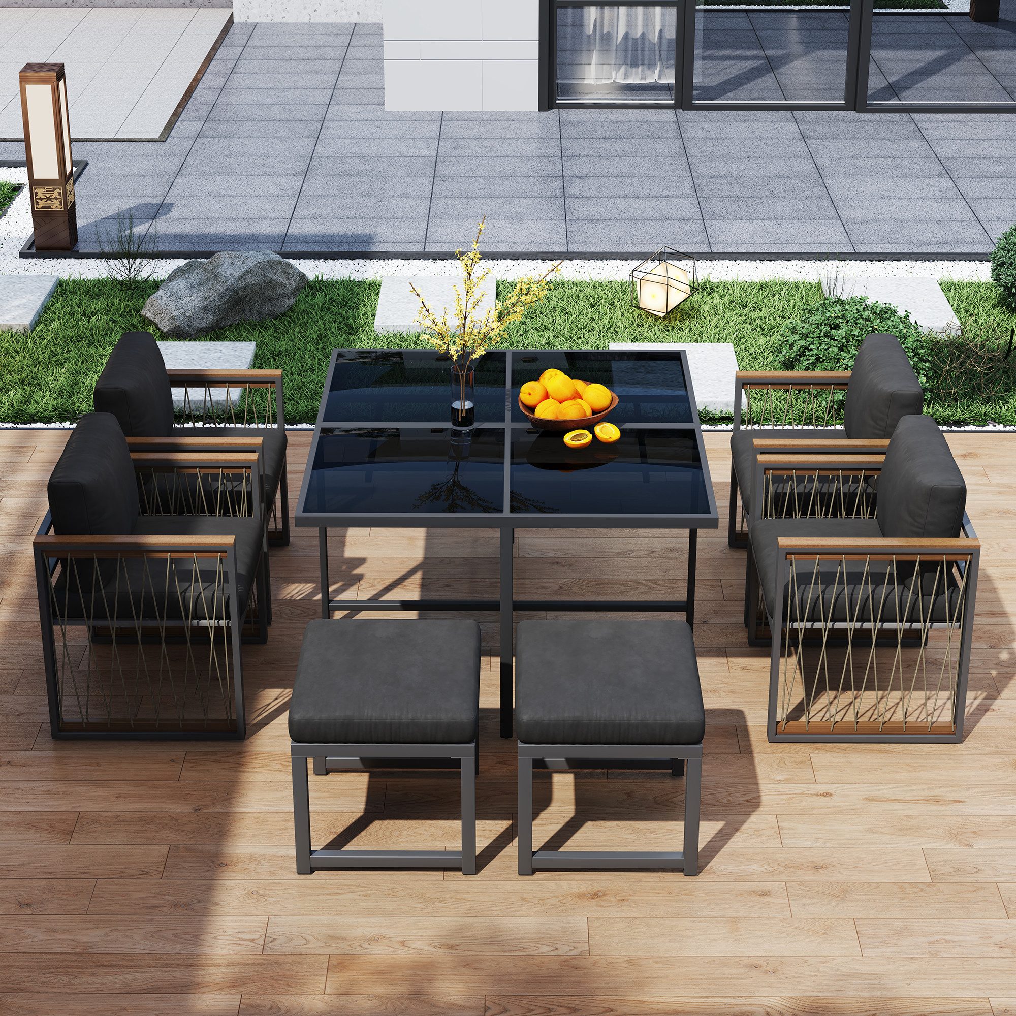 Merax Sitzgruppe aus Polyrattan, Akazienholz & verzinkten Eisenrahmen, (7-tlg., Gartengarnitur), 6-Sitzer Gartenlounge Gartenmöbel Essgruppe mit Tisch, Hocker & Sessel