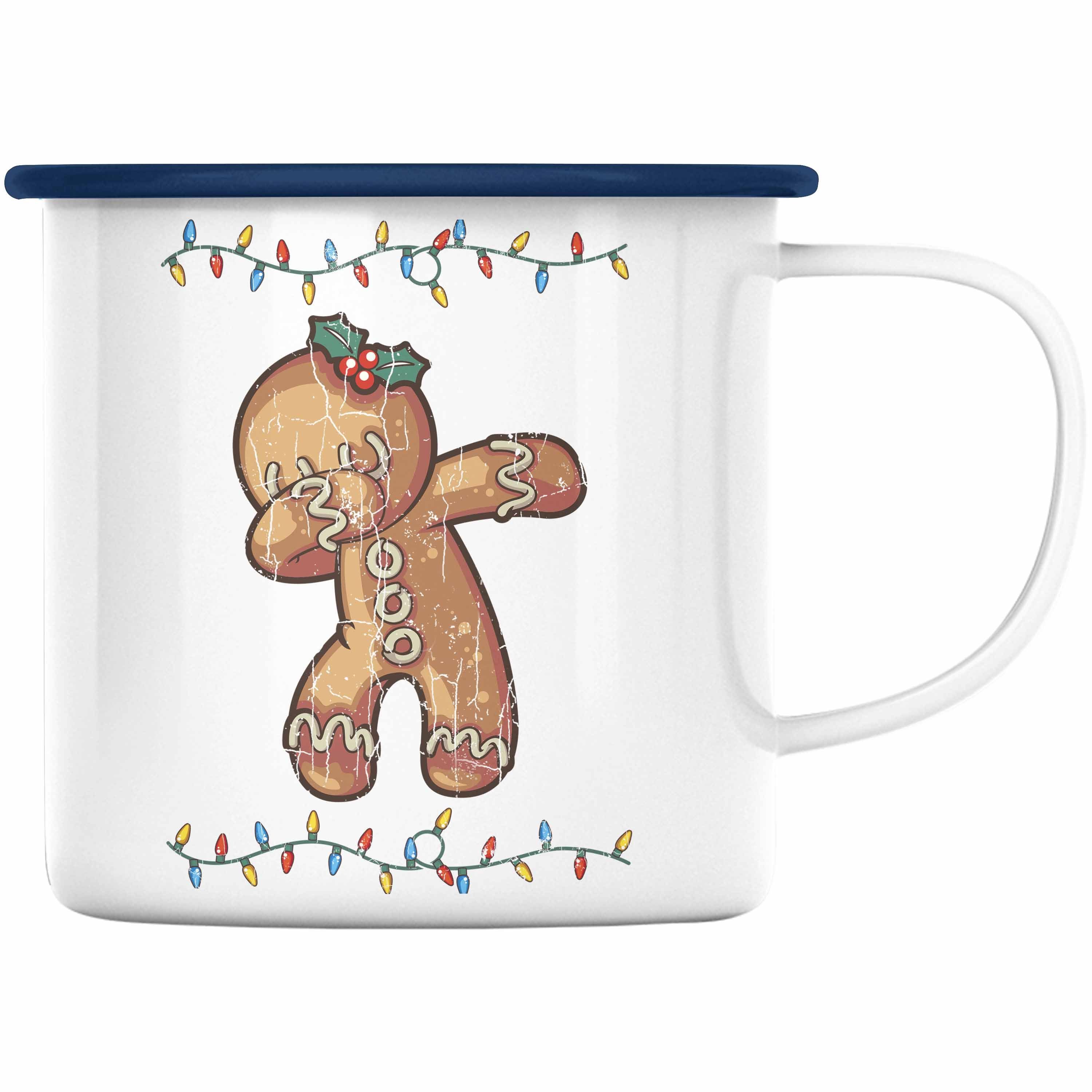 Trendation Thermotasse Trendation - Weihnachten Emaille Tasse Lebkuchenmann für Kinder WeihnachtsEmaille Tasse Lustig Geschenk Becher Jungs Jungen Mädchen Cute Lebkuchen Grafik Blau