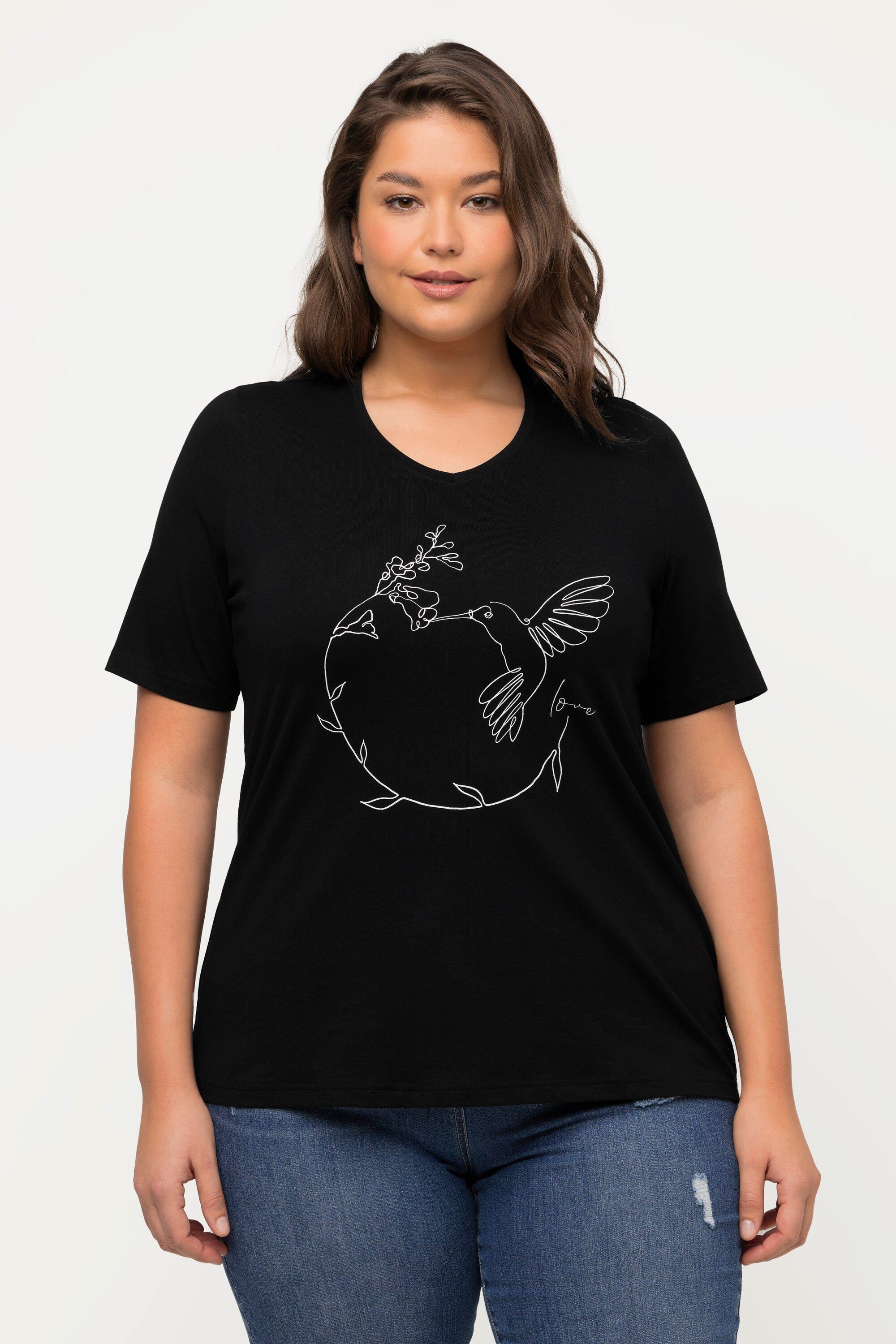 schwarz Kolibri Ulla Popken T-Shirt V-Ausschnitt Rundhalsshirt Classic Halbarm