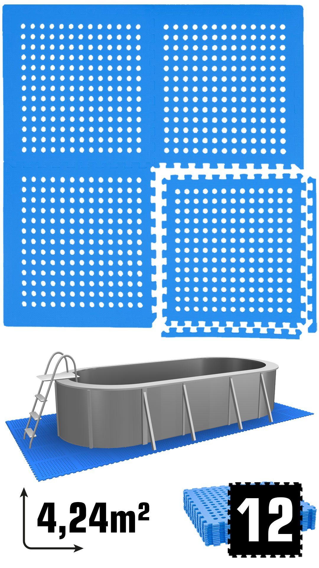 eyepower Pool-Bodenschutzfliese 4,2 m² Poolmatte aus 12 großen EVA Matten - Rutschfeste Poolunterlage, 1 cm dicke Bodenfliesen - 62 x 62 Unterlegmatten - Whirlpool Unterlage