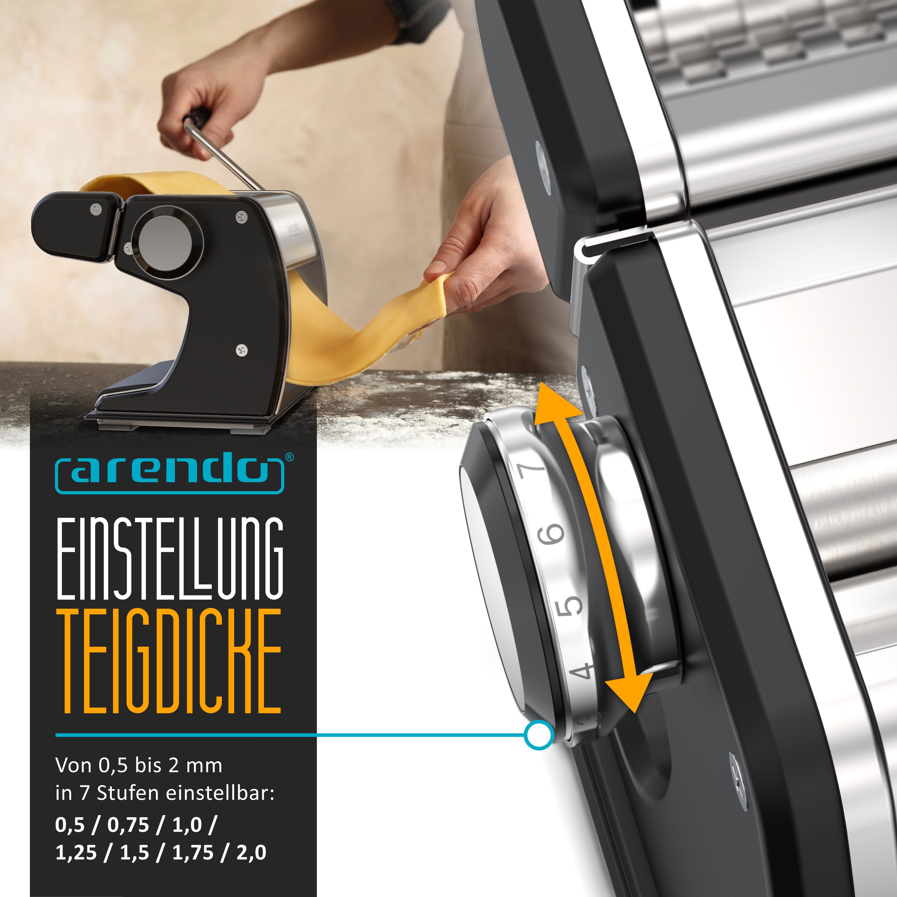 Arendo Nudelmaschine Manueller Edelstahl Pasta Maker, Nudelpresse, 7 einstellbare Stärken, Duplexvorsatz für Spaghetti, Tagliatelle, Lasagne - 2mm und 6,5mm – Bild 5 von 5