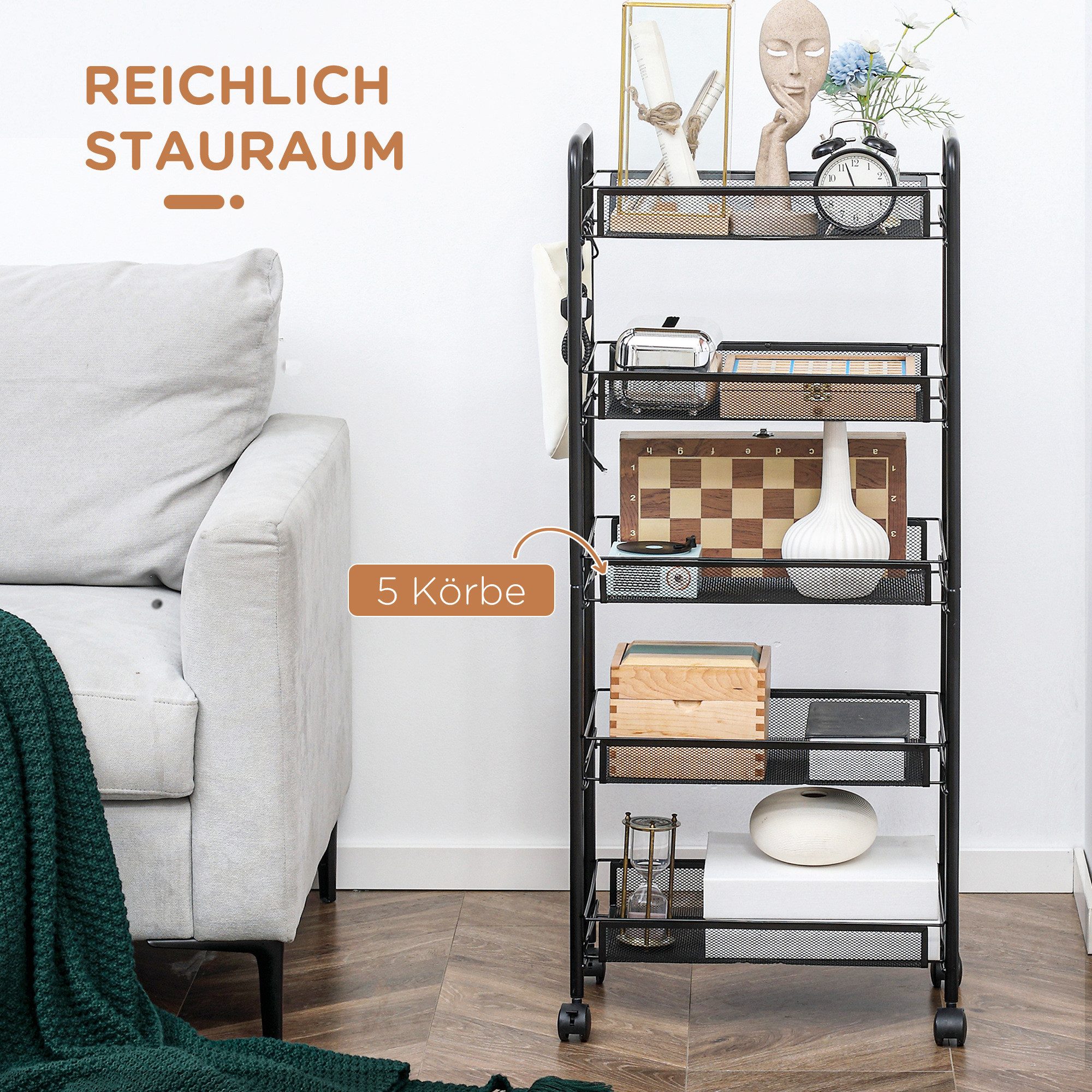 HOMCOM Servierwagen Küchenwagen mit 5 Ebenen, Rollwagen mit Rollen, (für Wohnzimmer und Schlafzimmer, 1 St., Aufbewahrungswagen aus Stahl), 45cm x 26,5cm x 106c – Bild 4 von 5