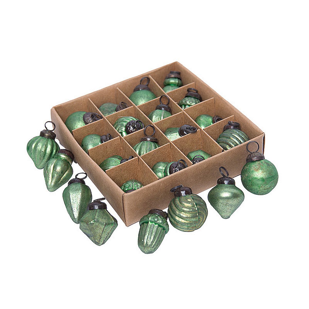 Macosa Home Christbaumschmuck 16er Set Weihnachtskugeln 3,5 cm Antikgold Antikgrün od. Antiksilber, Vintage Deko Glas & Metall Mini Christbaumkugeln in Box