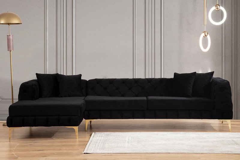 König der Möbel Ecksofa »Toronto Moderne L-Sofa Form mit Samtvelours«, Chesterfield Ecksofa Wohnlandschaft mit goldenen Beinen